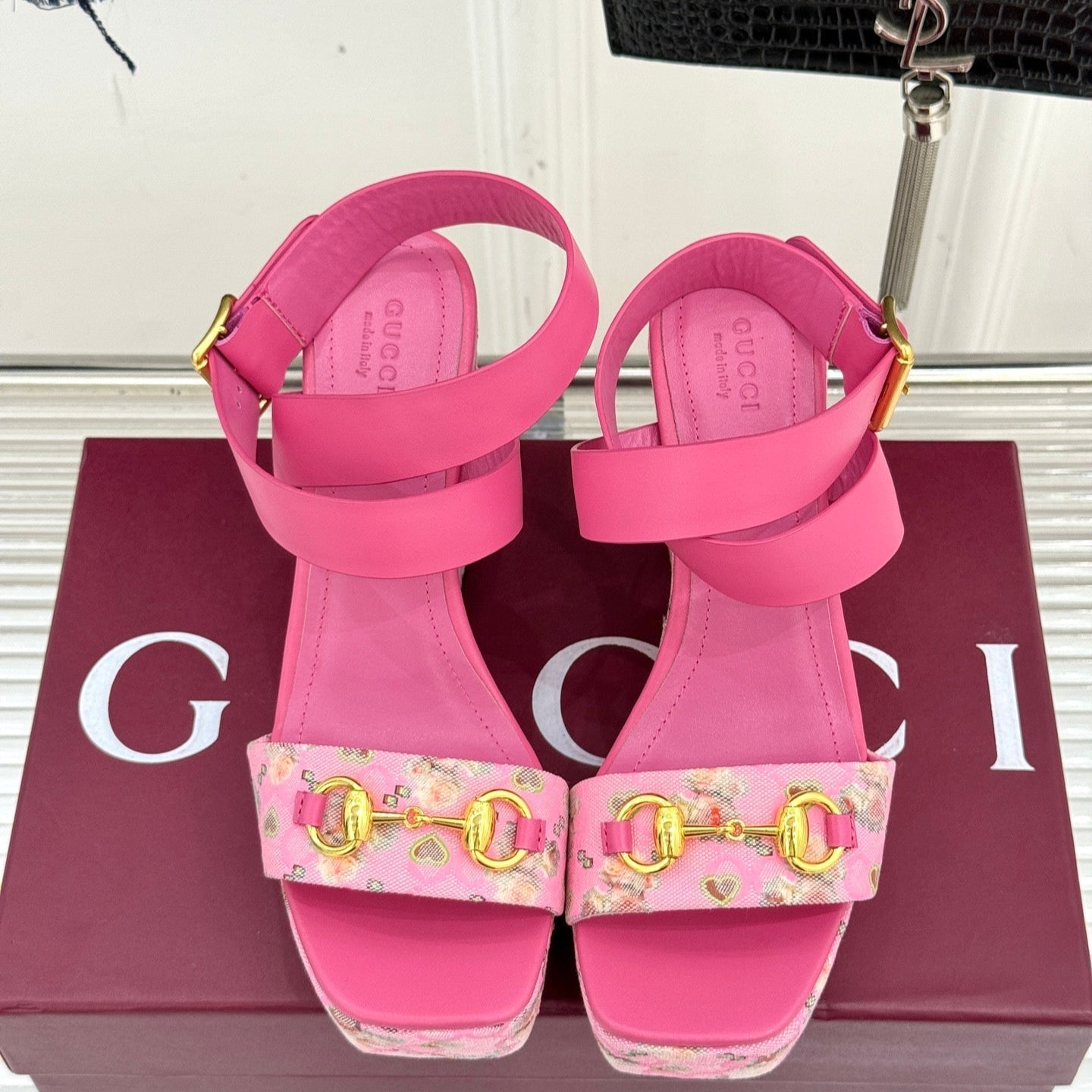 GC Floral Platform Wedge Sandal Pink Mix Flower lambskin