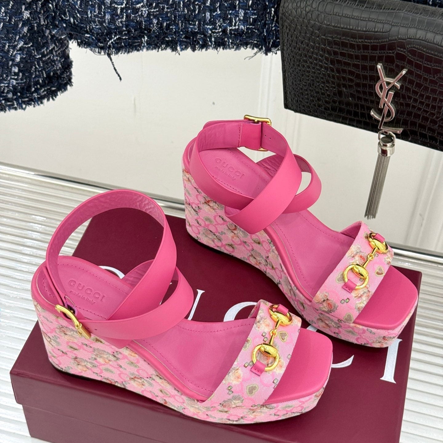 GC Floral Platform Wedge Sandal Pink Mix Flower lambskin