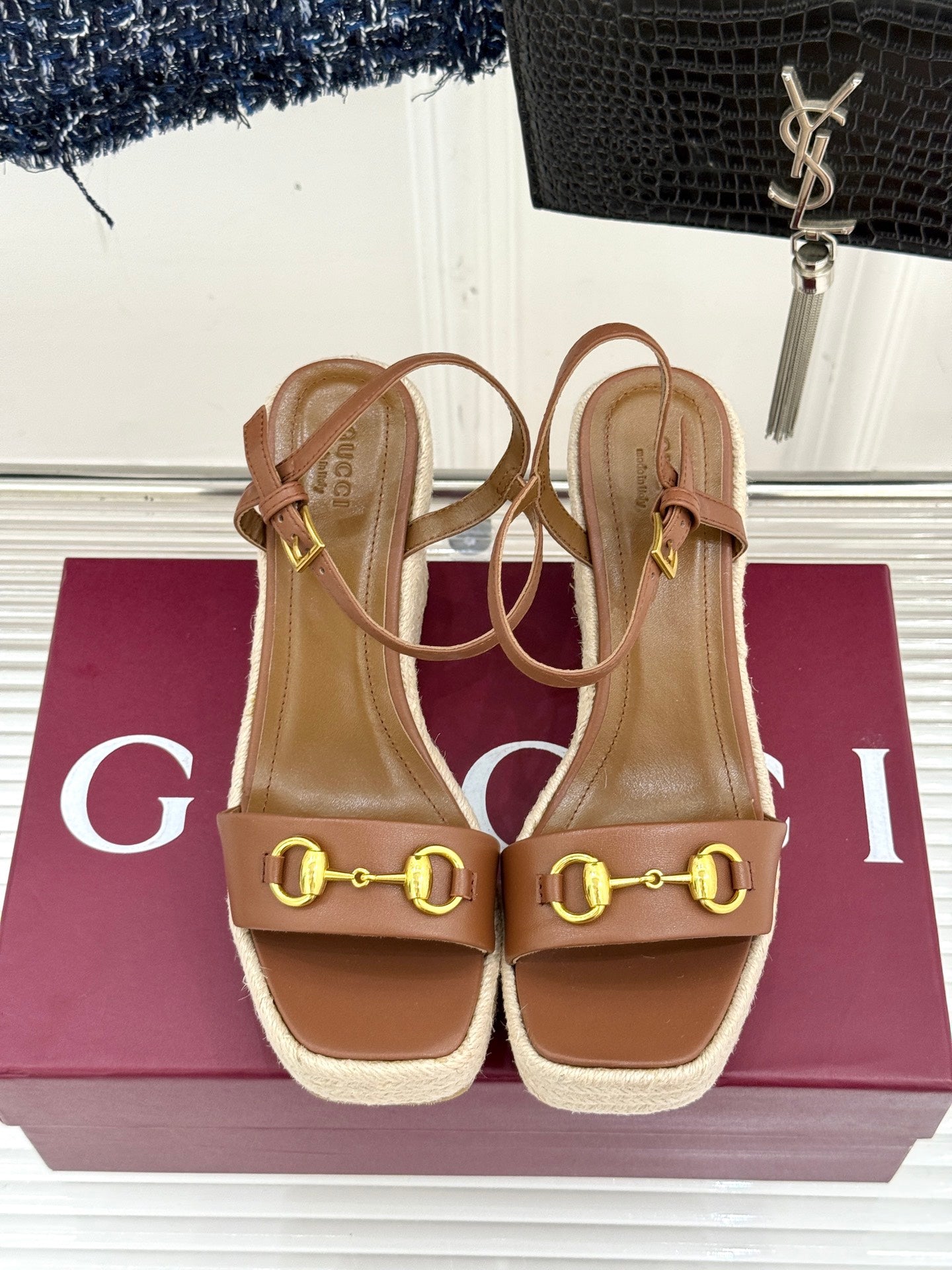 GC Floral Platform Wedge Sandal Brown Mix Beige lambskin