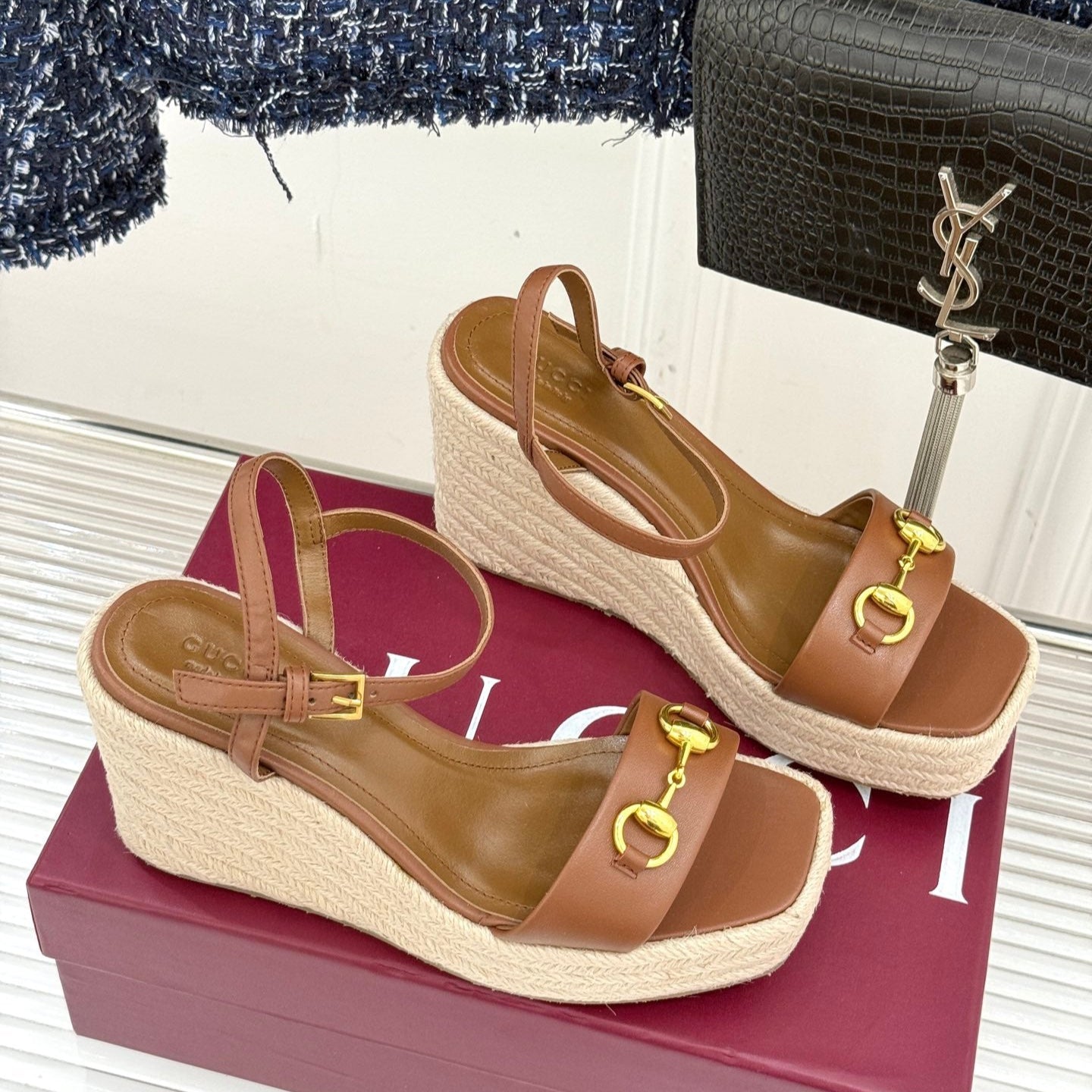 GC Floral Platform Wedge Sandal Brown Mix Beige lambskin