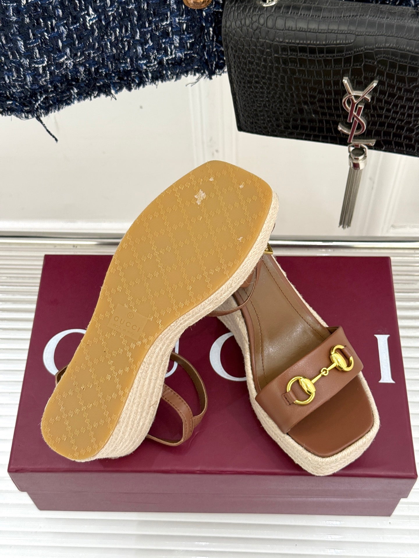 GC Floral Platform Wedge Sandal Brown Mix Beige lambskin