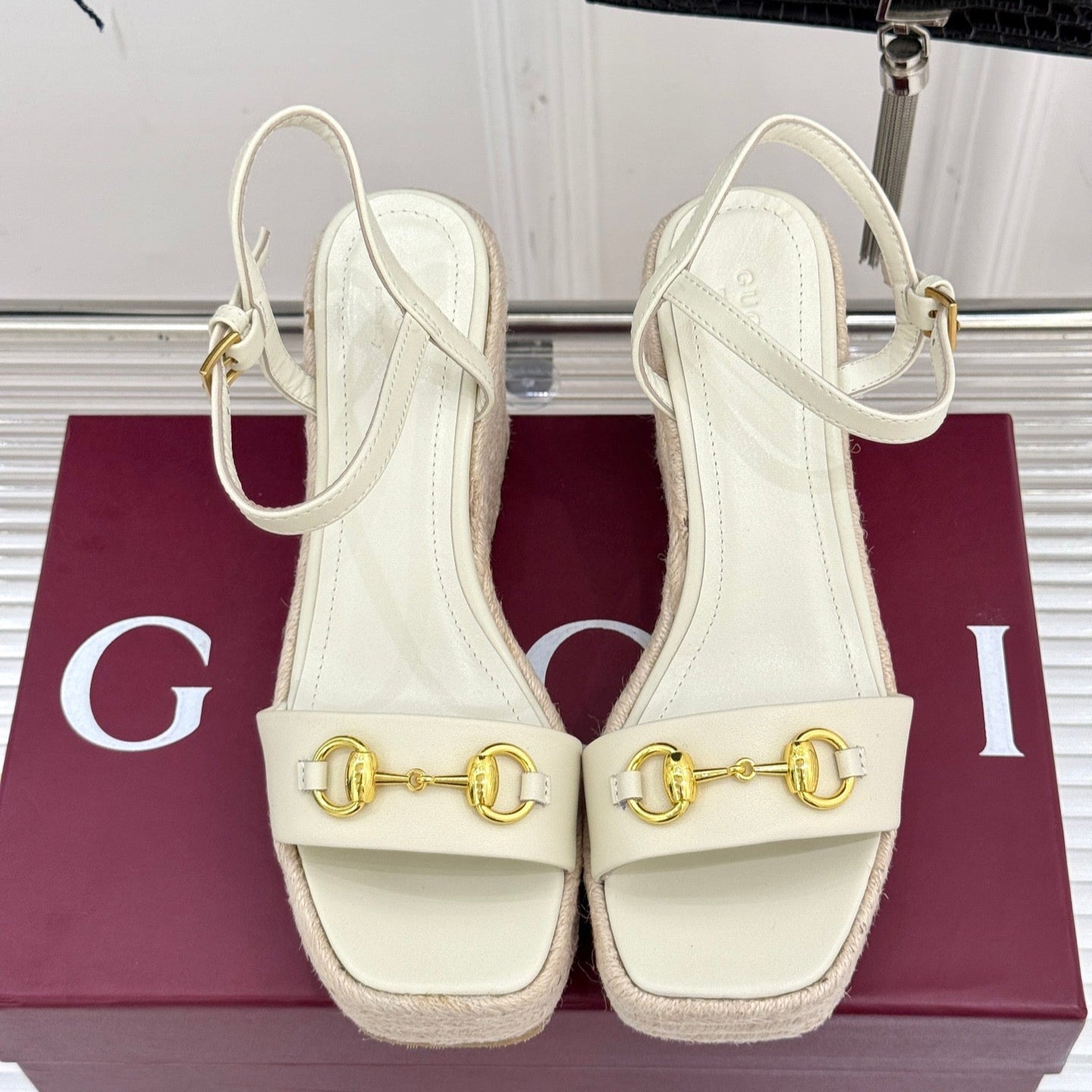 GC Floral Platform Wedge Sandal White lambskin