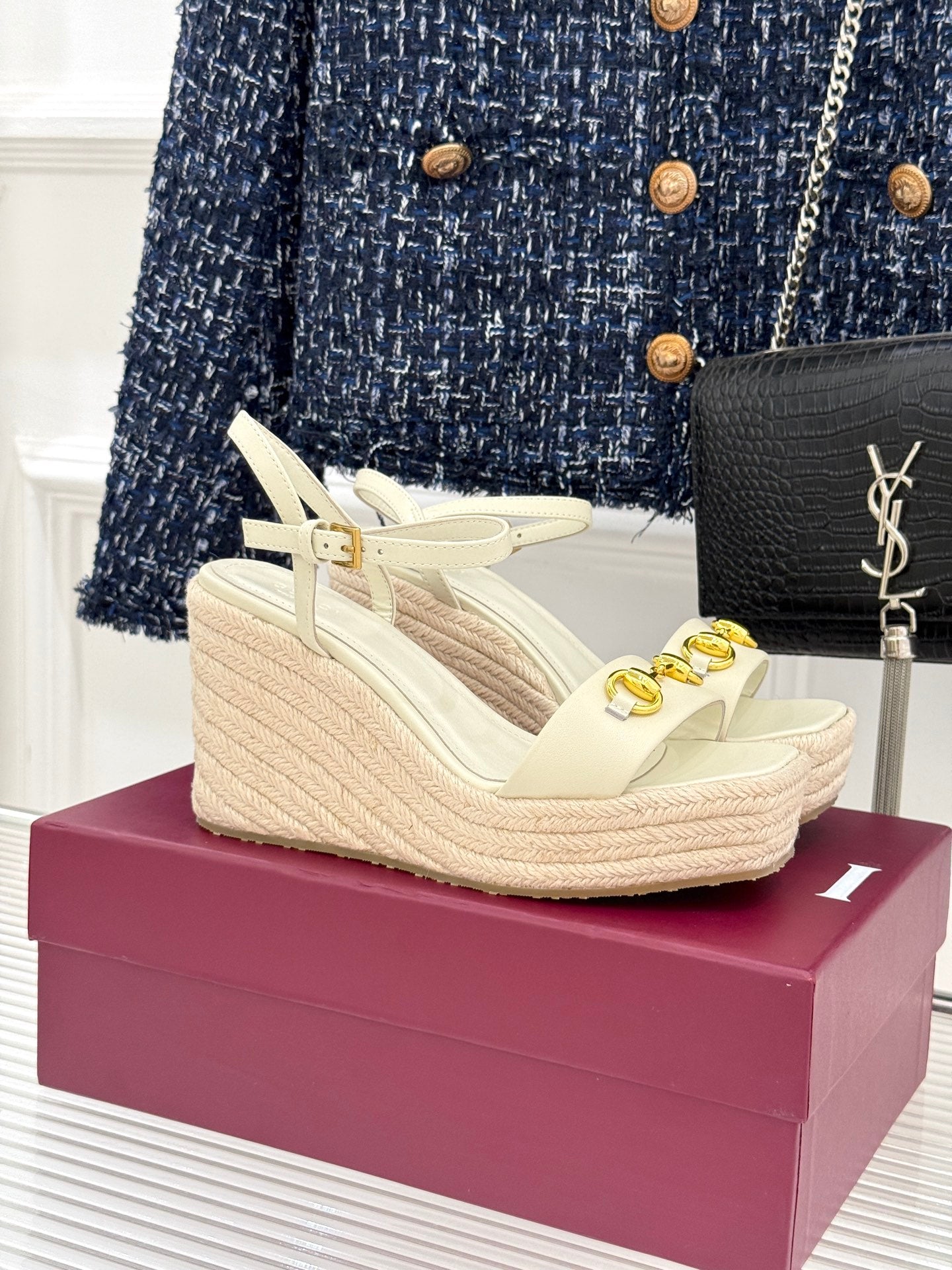 GC Floral Platform Wedge Sandal White lambskin