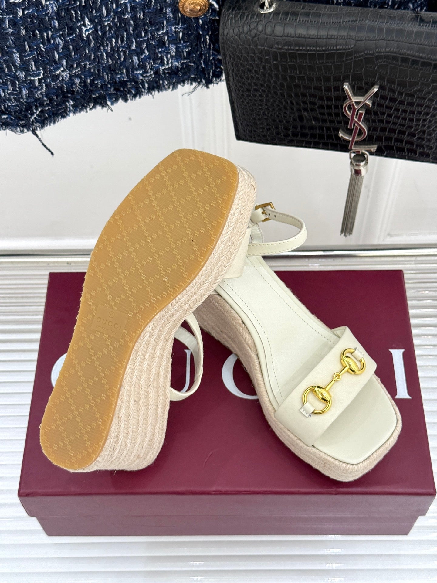 GC Floral Platform Wedge Sandal White lambskin