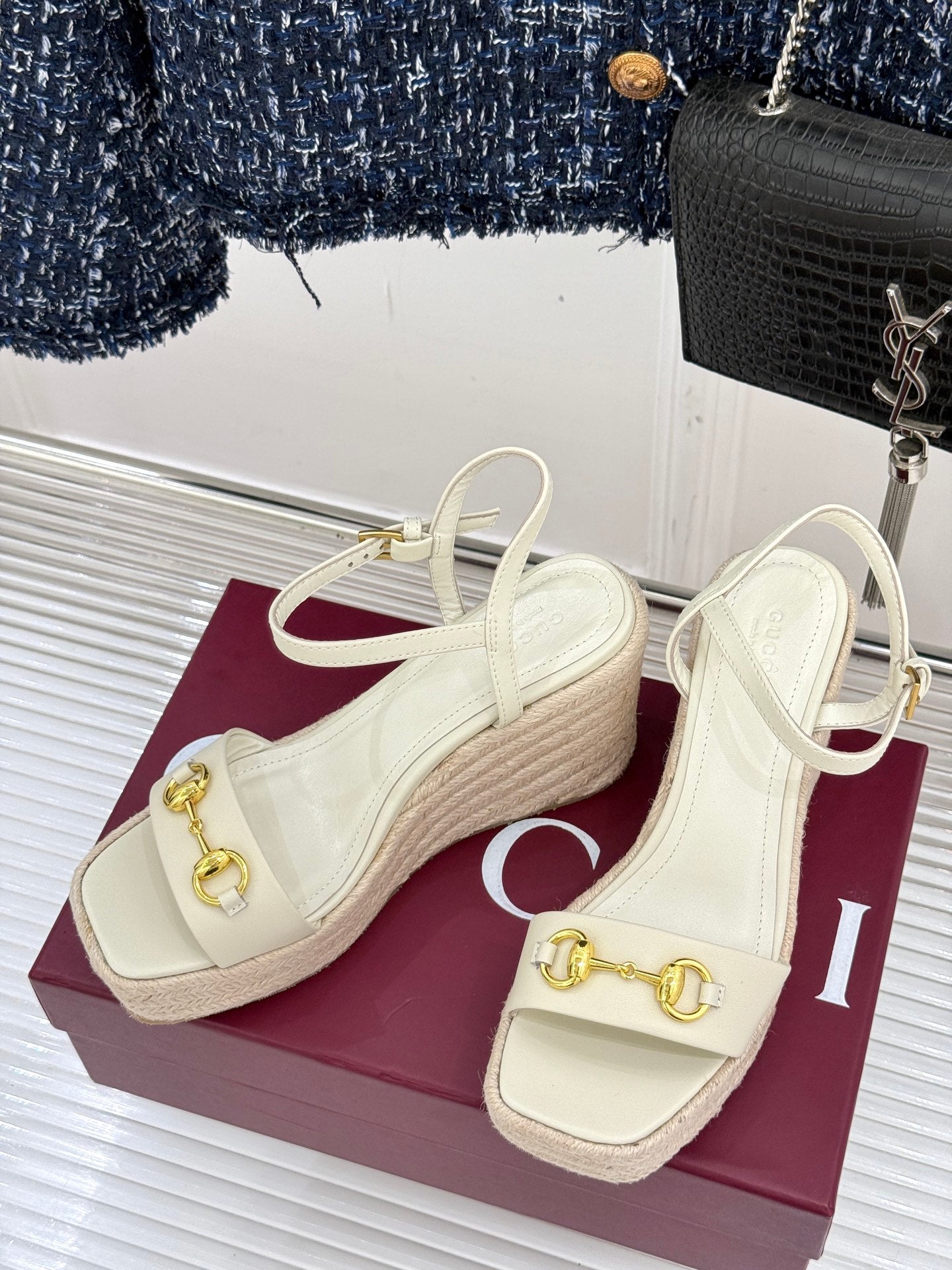 GC Floral Platform Wedge Sandal White lambskin