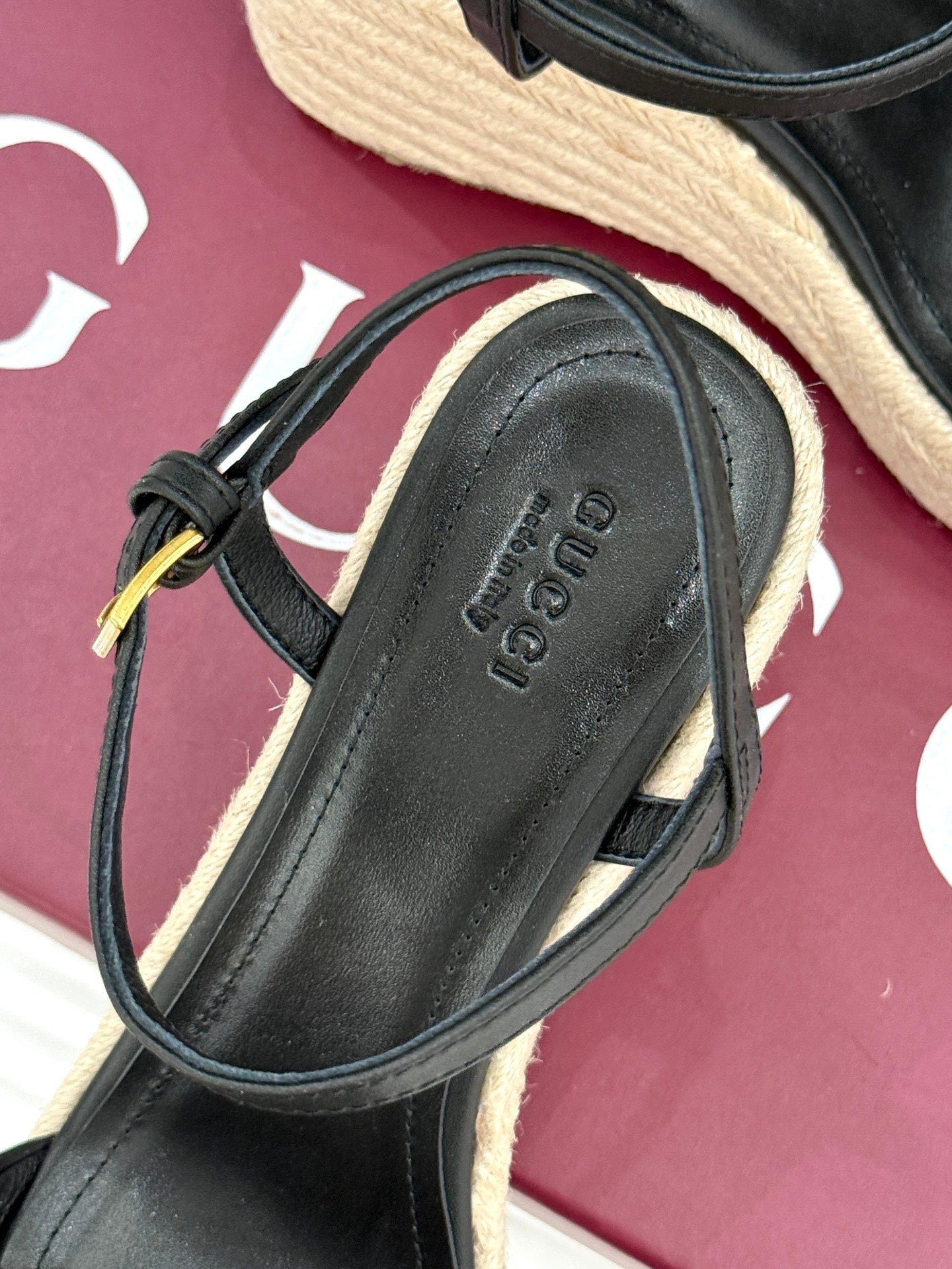 GC Floral Platform Wedge Sandal Black lambskin