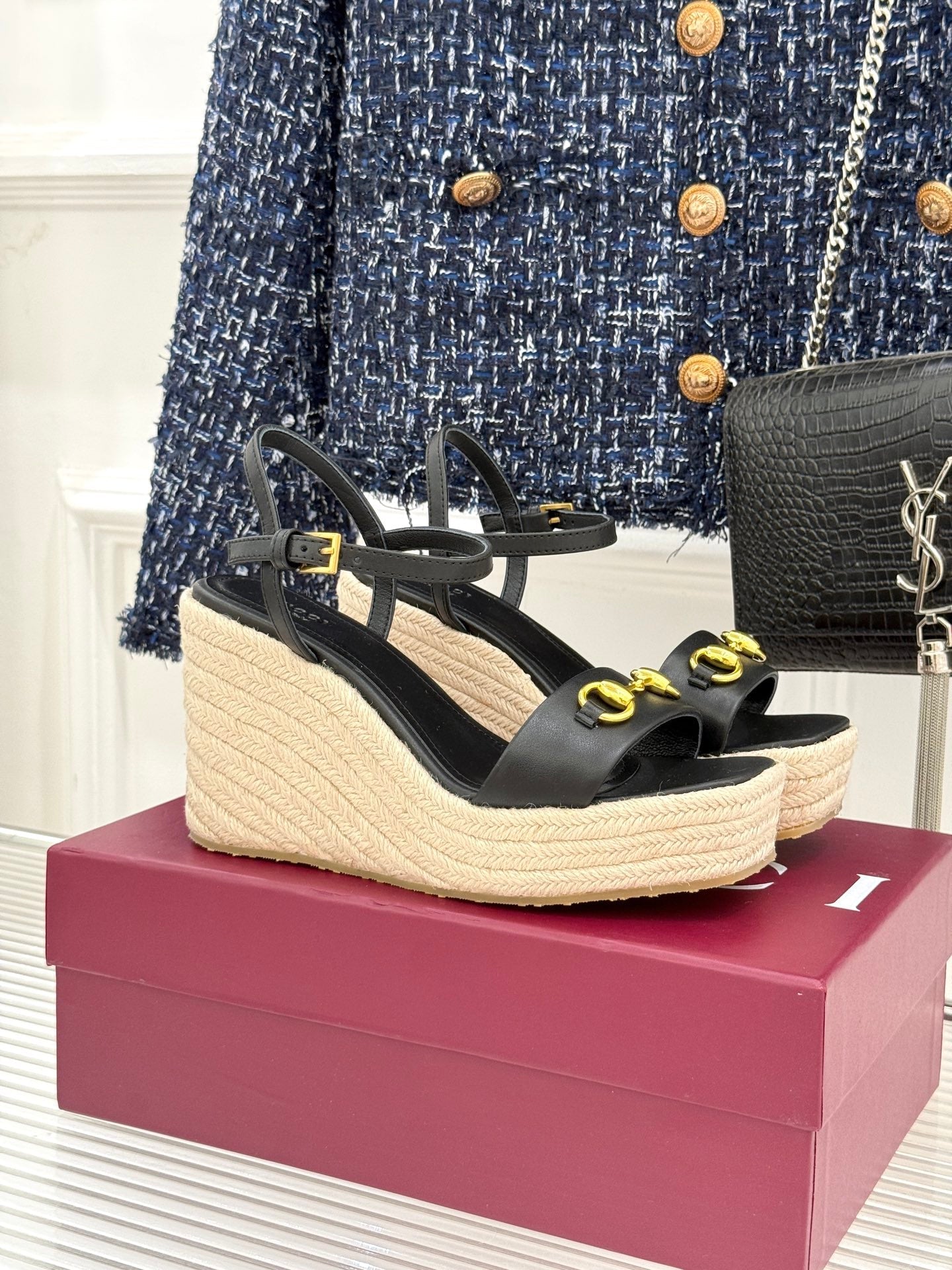 GC Floral Platform Wedge Sandal Black lambskin