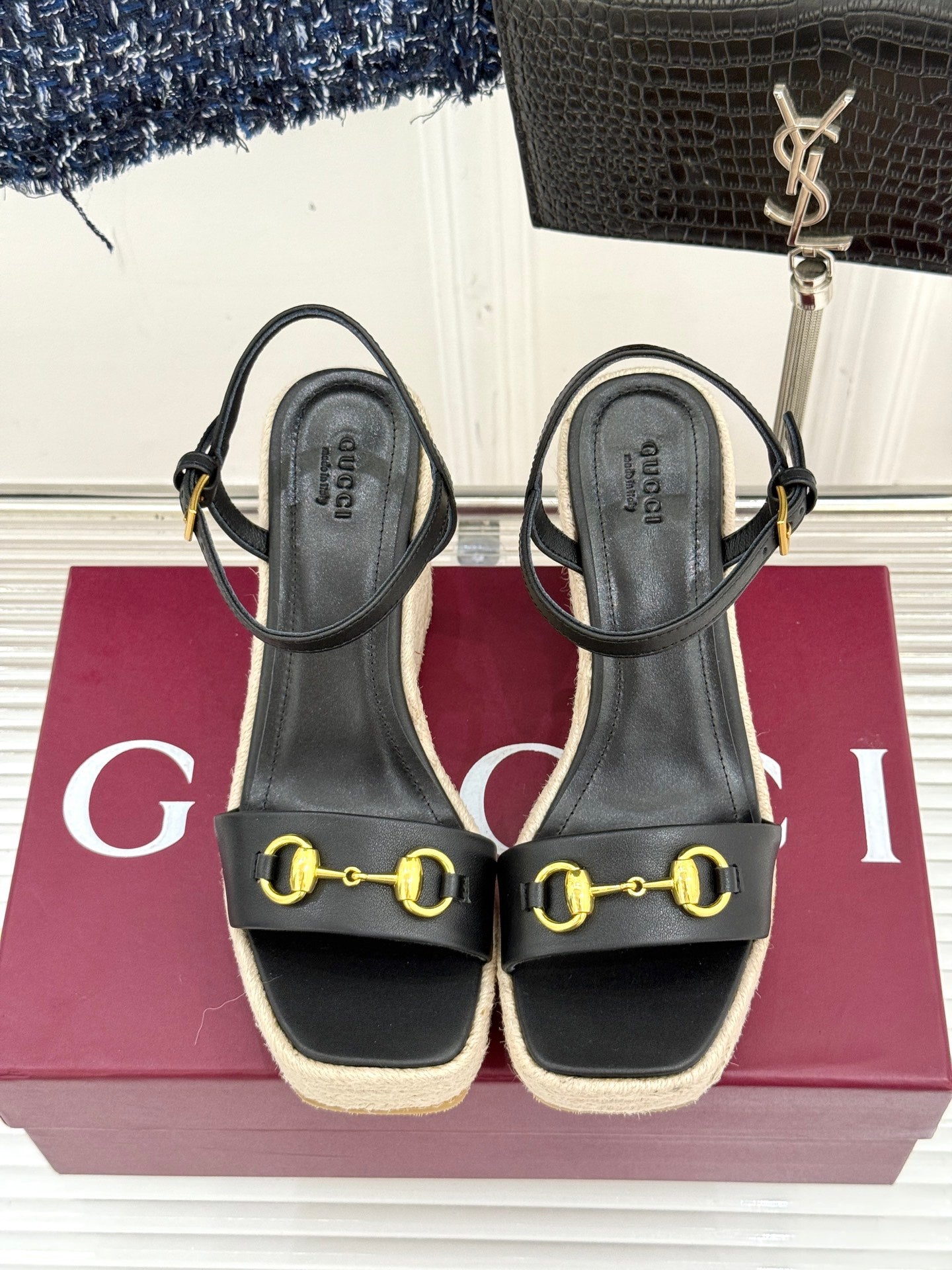 GC Floral Platform Wedge Sandal Black lambskin