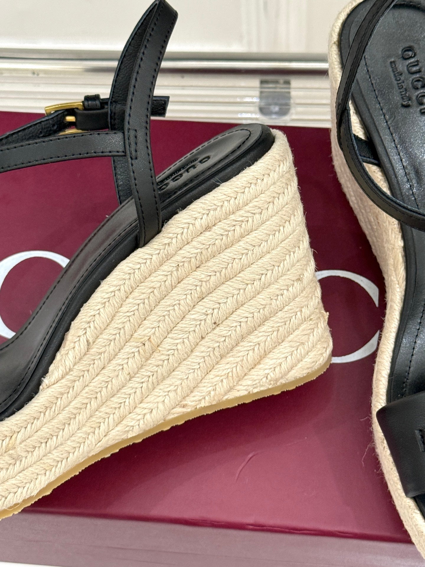 GC Floral Platform Wedge Sandal Black lambskin