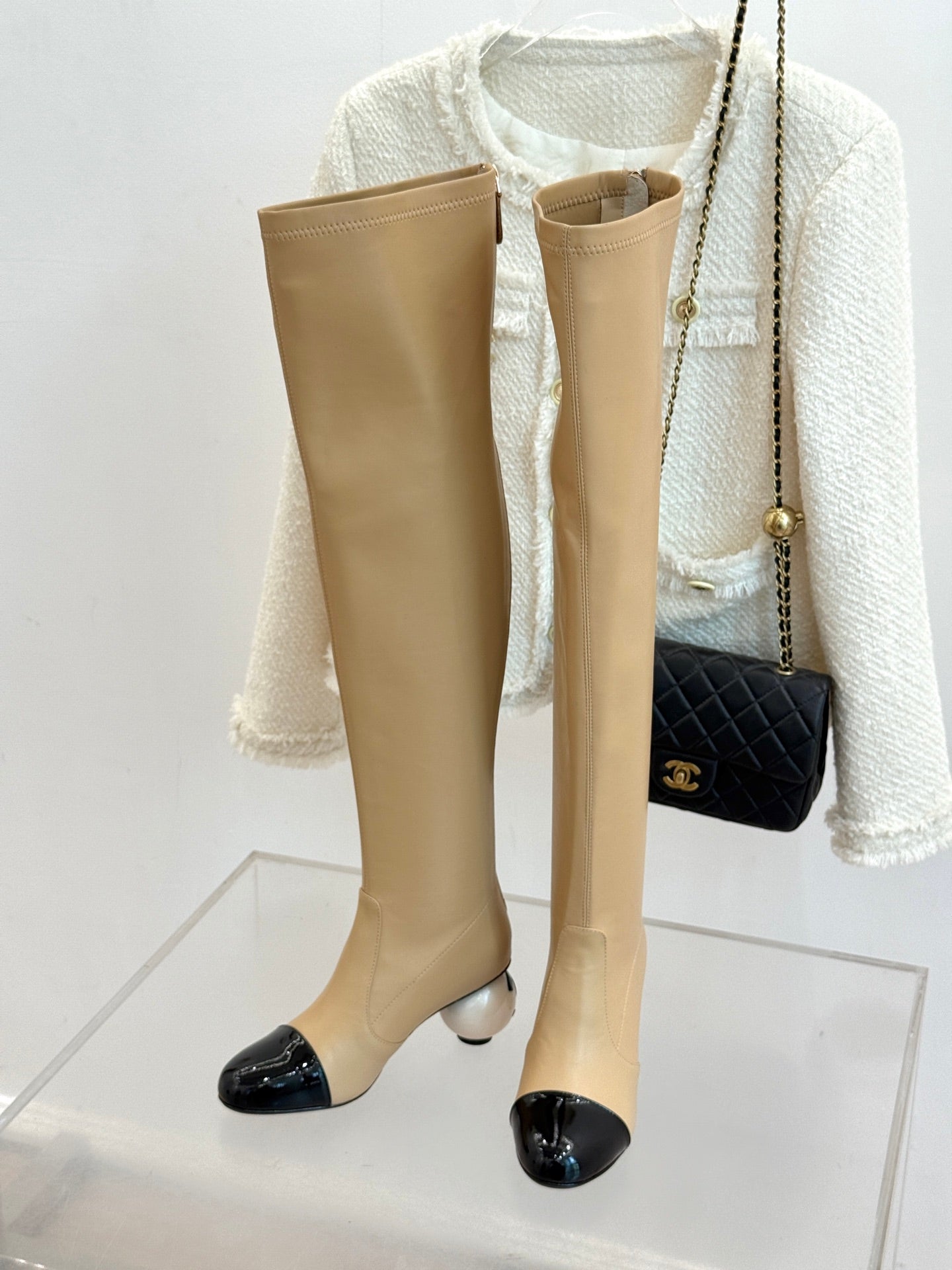 Chanel 25 Double C Giant Pearl Heel Long Boot Beige Black Sheepskin 465411