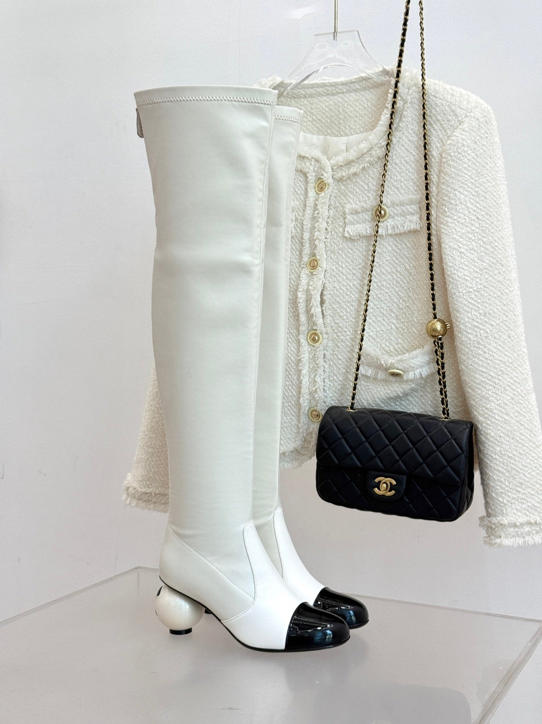 Chanel 25 Double C Giant Pearl Heel Long Boot White  Black Sheepskin 465412