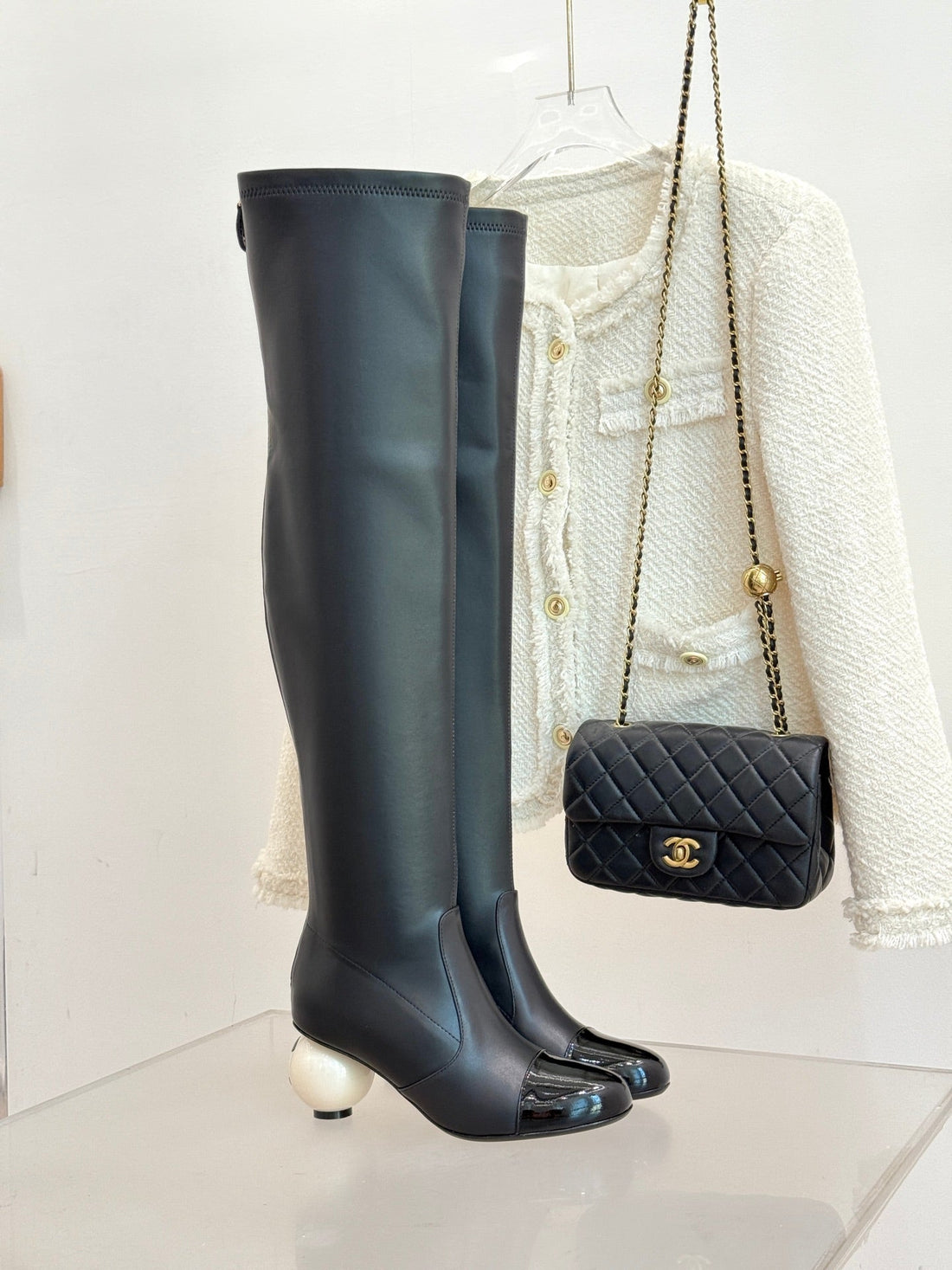 Chanel 25 Double C Giant Pearl Heel Long Boot Black White  Sheepskin 465413