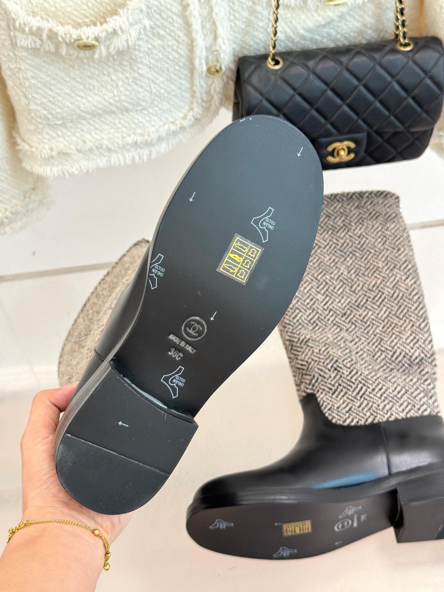 Chanel 25 Four-Leaf Clover Pearls Double C Long Boots Black Grey Woven Sheepskin 465406