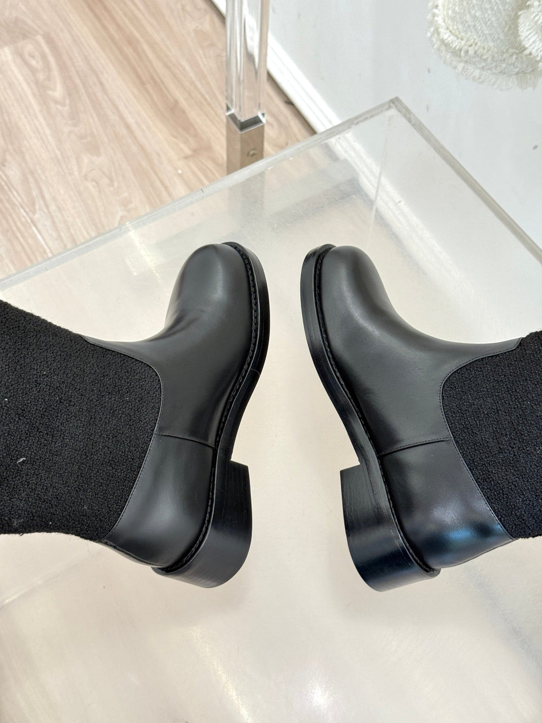 Chanel 25 Four-Leaf Clover Pearls Double C Long Boots Black Woven Sheepskin 465407