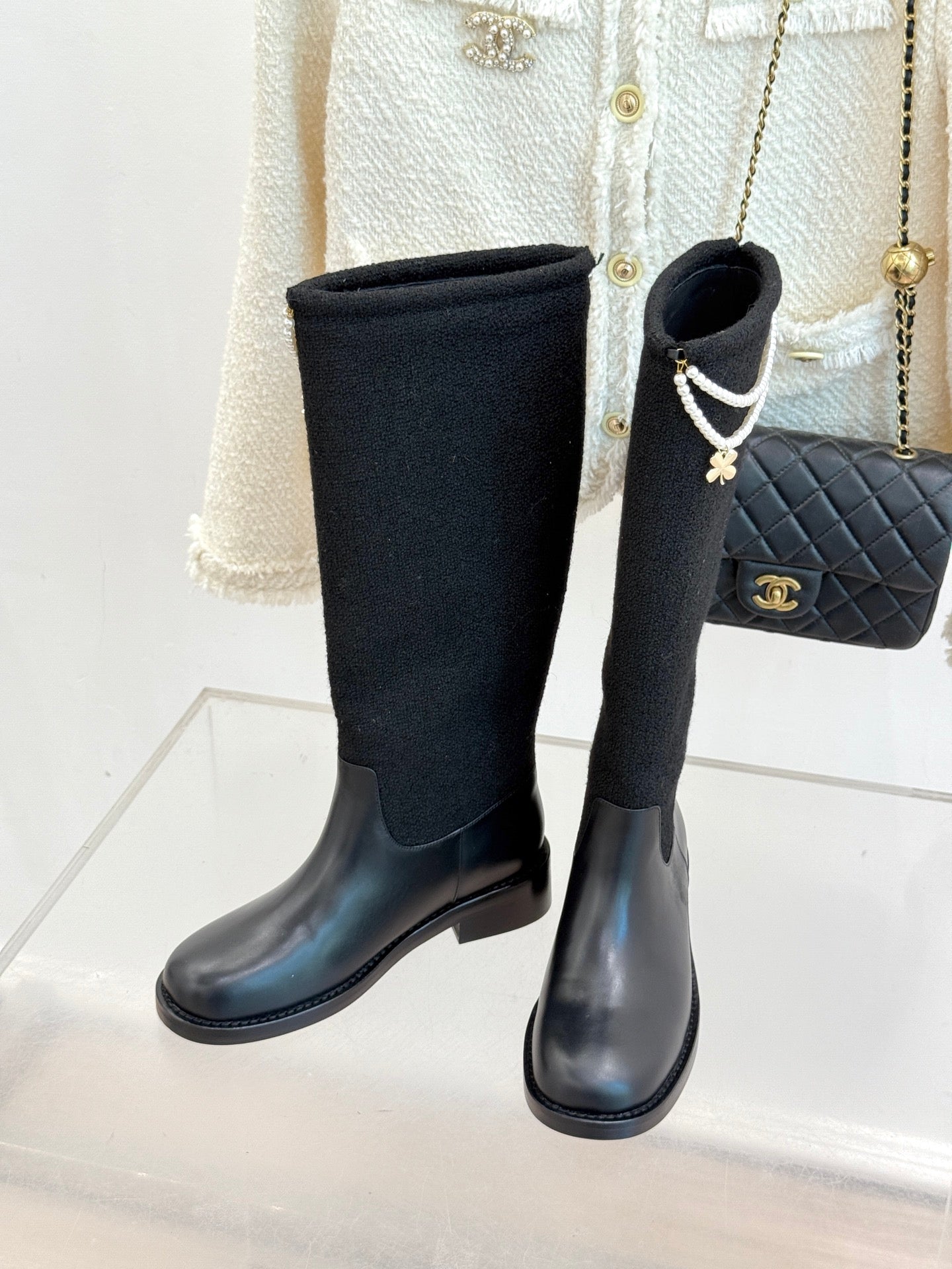 Chanel 25 Four-Leaf Clover Pearls Double C Long Boots Black Woven Sheepskin 465407