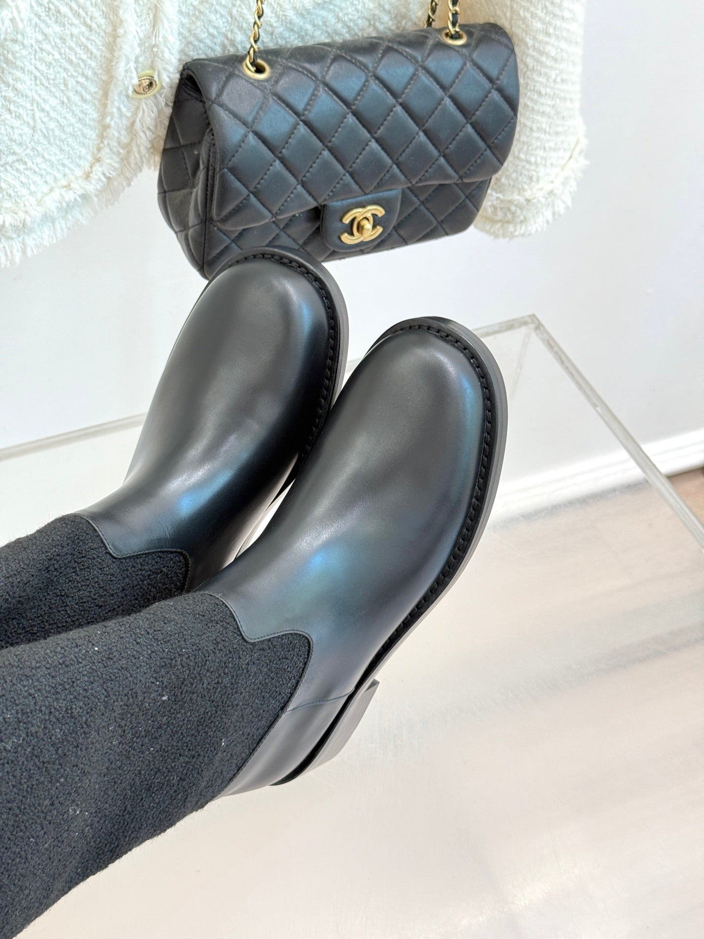 Chanel 25 Four-Leaf Clover Pearls Double C Long Boots Black Woven Sheepskin 465407