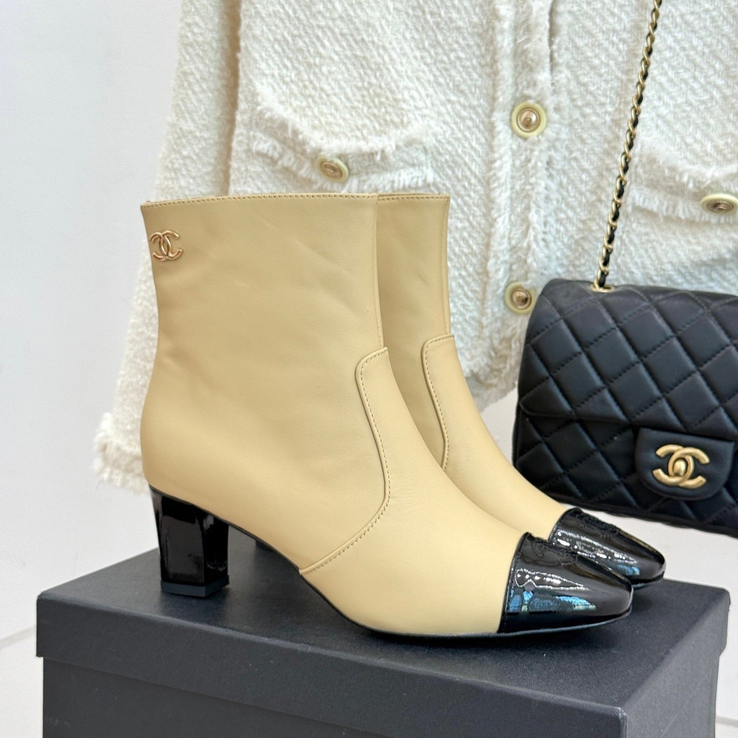 Chanel Double C Colorblock Heel Boot Beige Sheepskin 465414