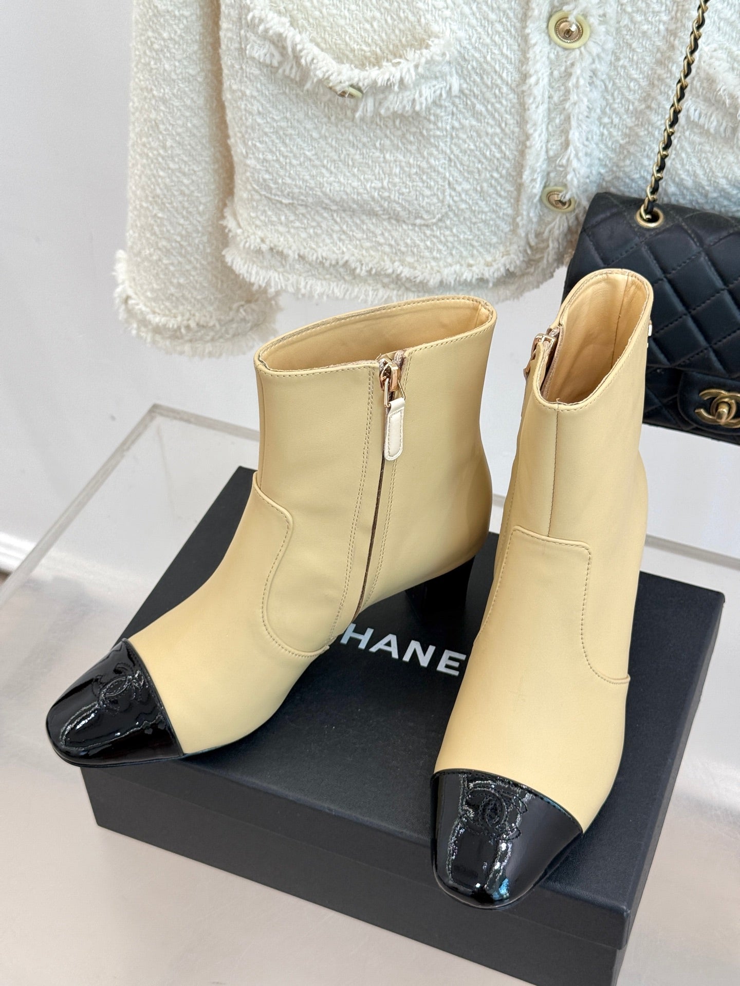 Chanel Double C Colorblock Heel Boot Beige Sheepskin 465414