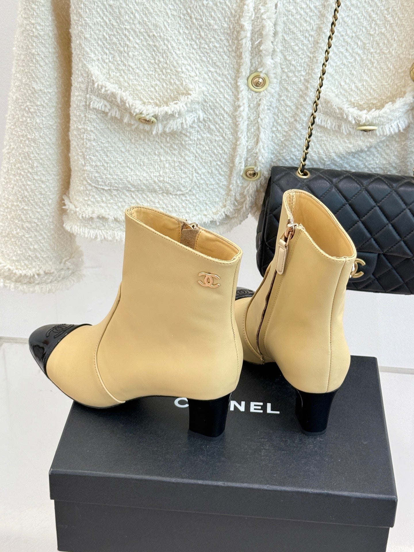 Chanel Double C Colorblock Heel Boot Beige Sheepskin 465414