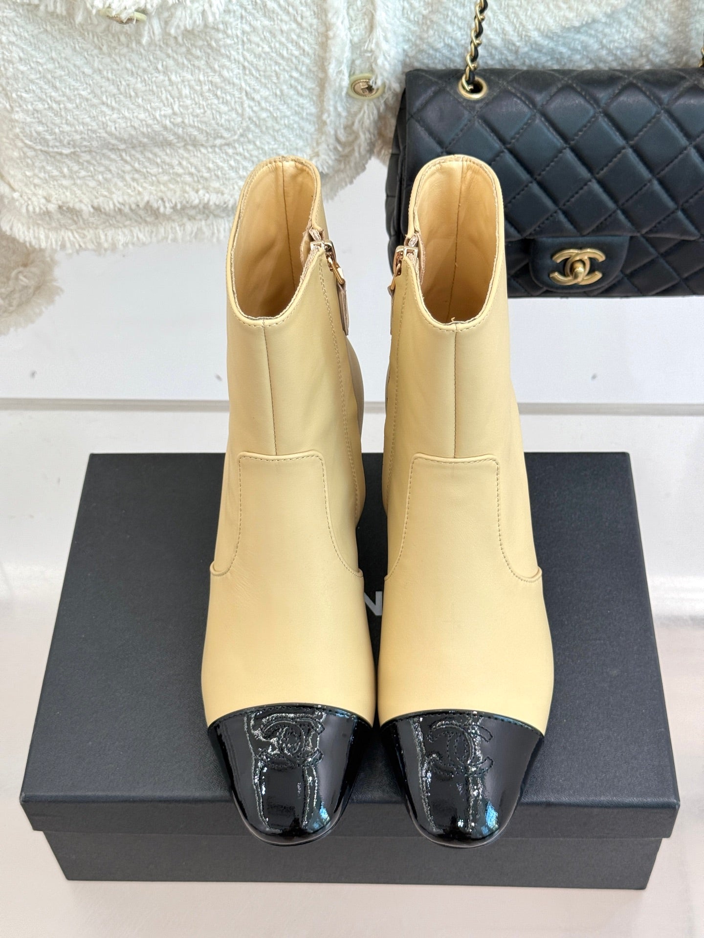 Chanel Double C Colorblock Heel Boot Beige Sheepskin 465414