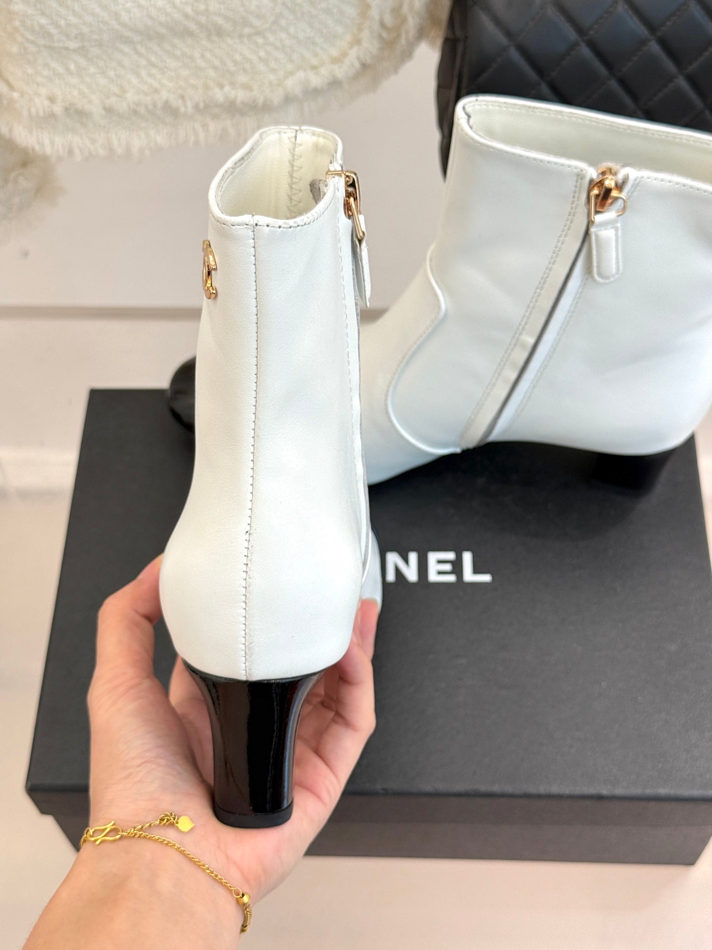 Chanel Double C Colorblock Heel Boot White Sheepskin 465415