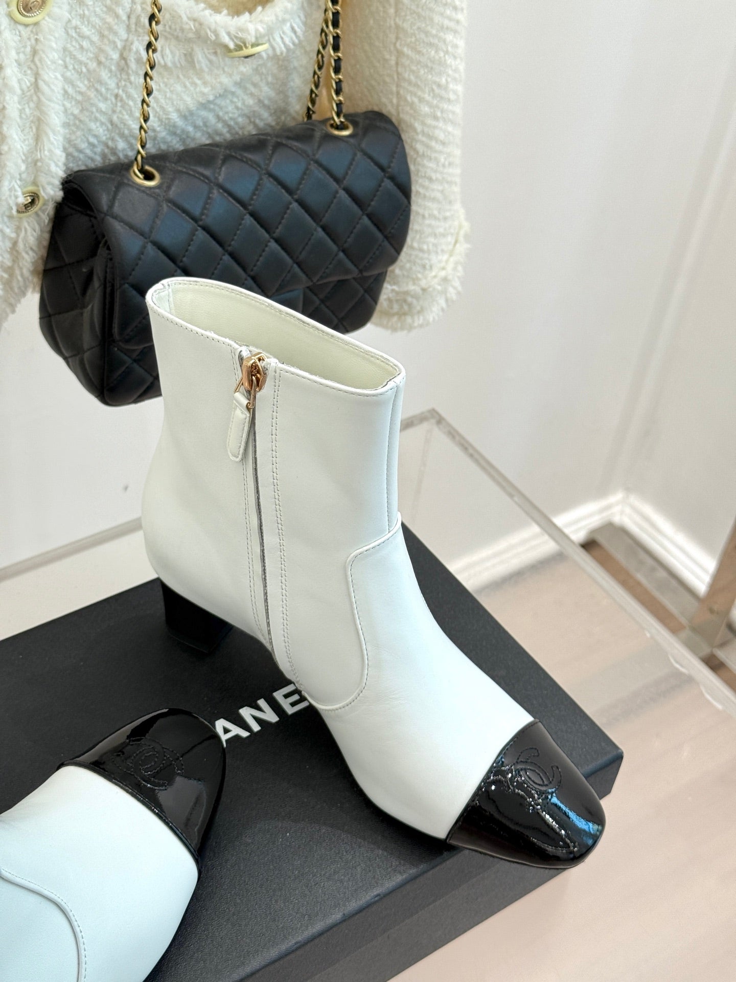 Chanel Double C Colorblock Heel Boot White Sheepskin 465415