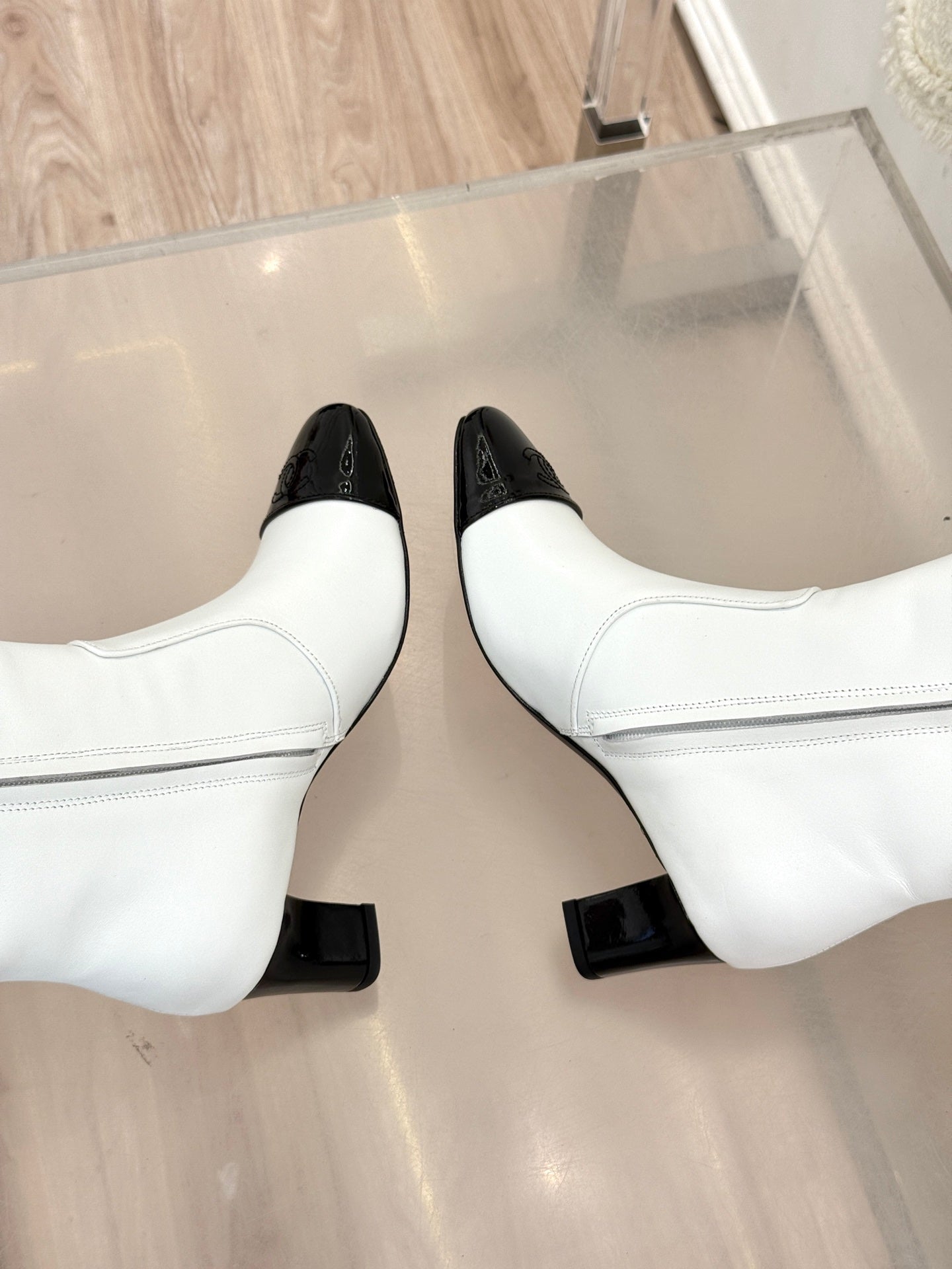 Chanel Double C Colorblock Heel Long Boot Black Sheepskin 465417