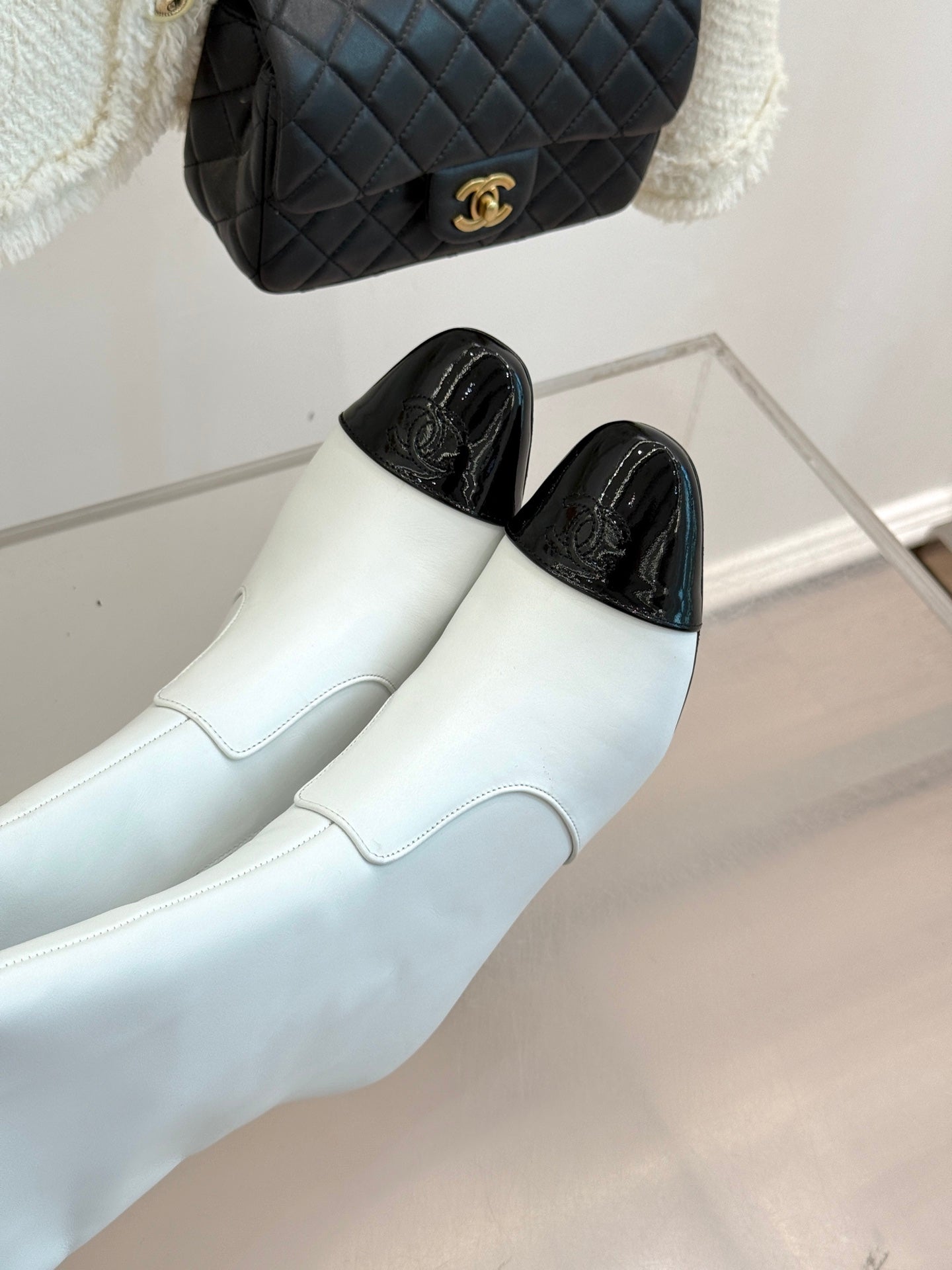 Chanel Double C Colorblock Heel Long Boot Black Sheepskin 465417