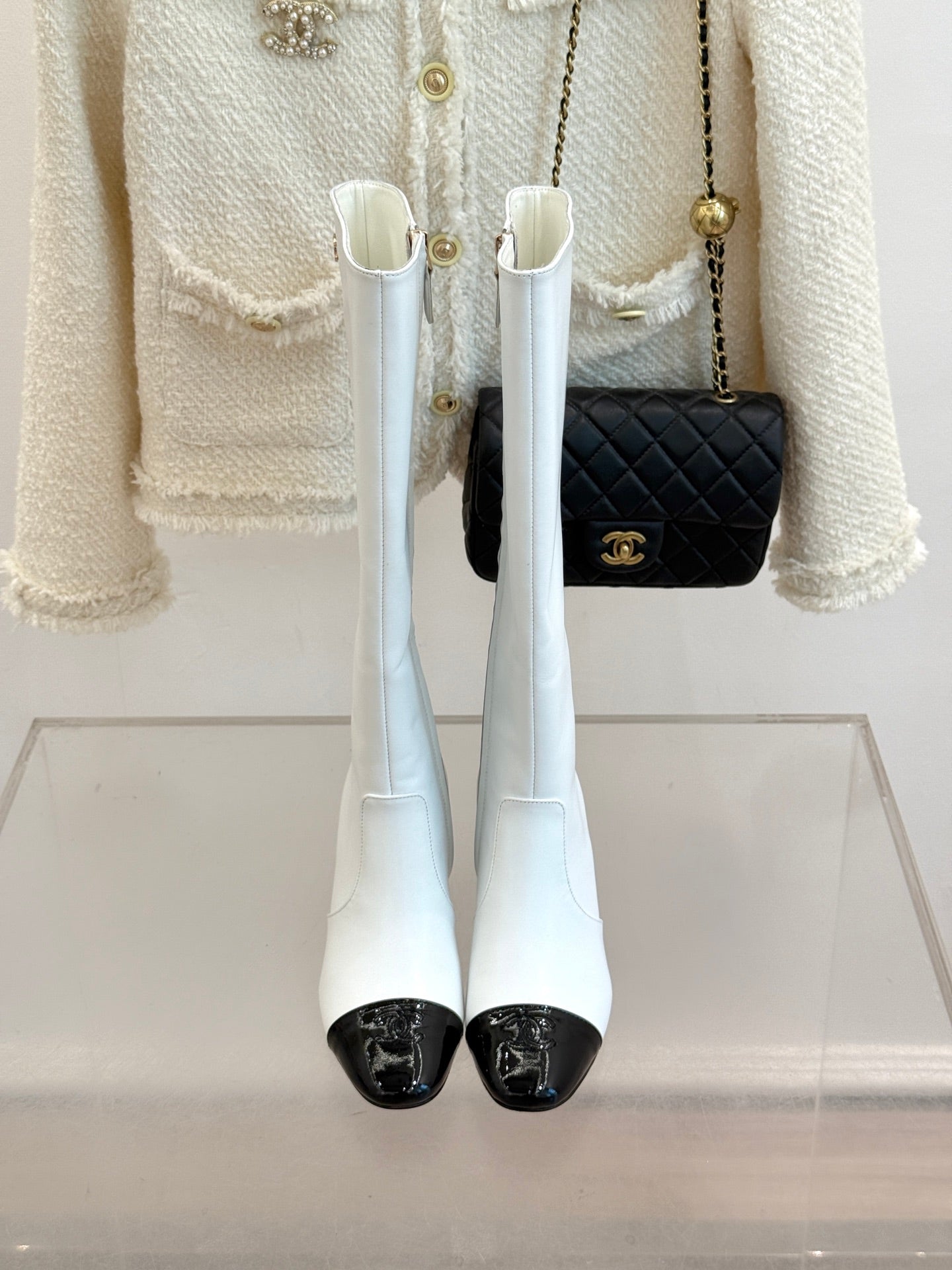 Chanel Double C Colorblock Heel Long Boot Black Sheepskin 465417