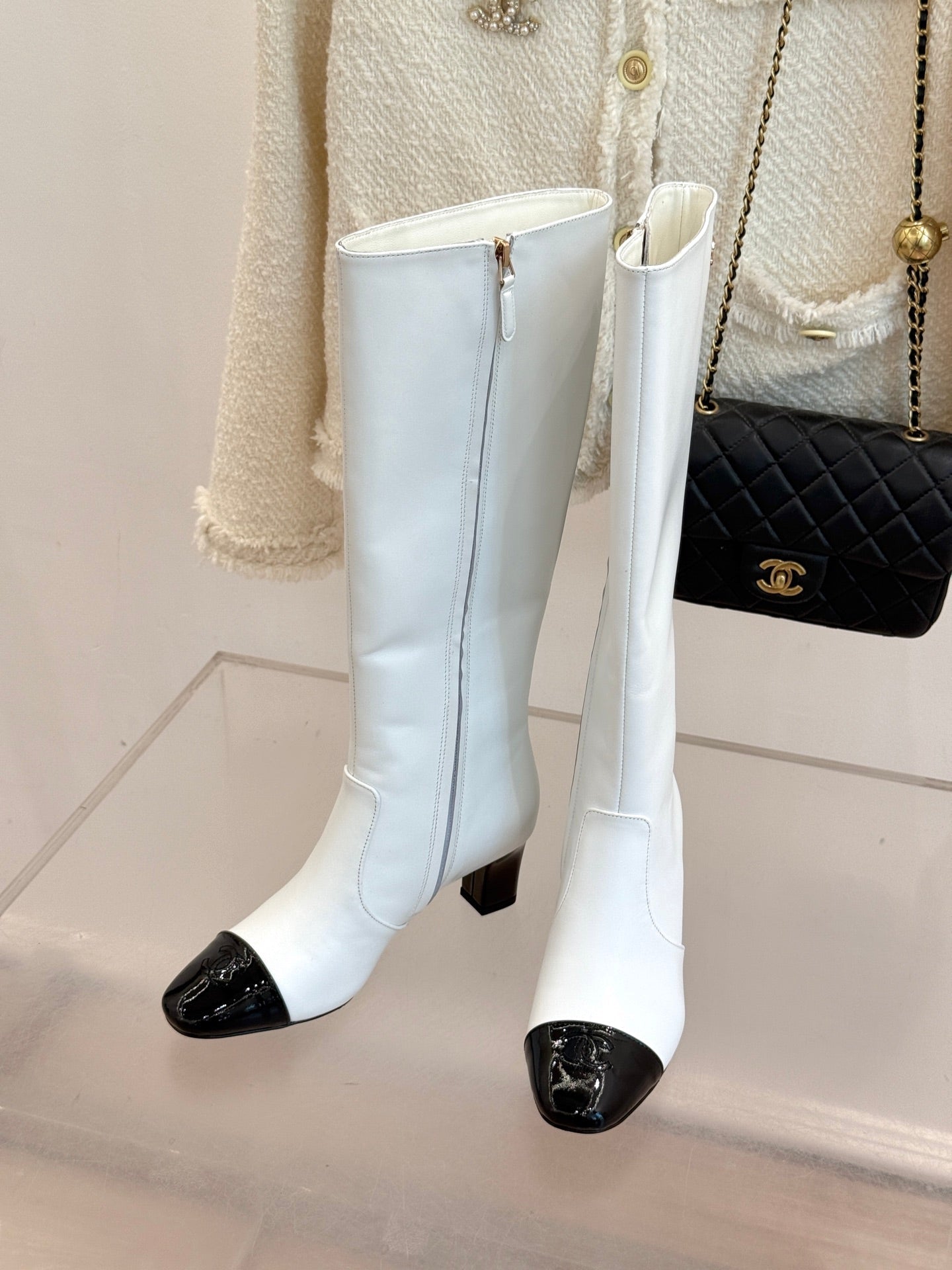 Chanel Double C Colorblock Heel Long Boot Black Sheepskin 465417