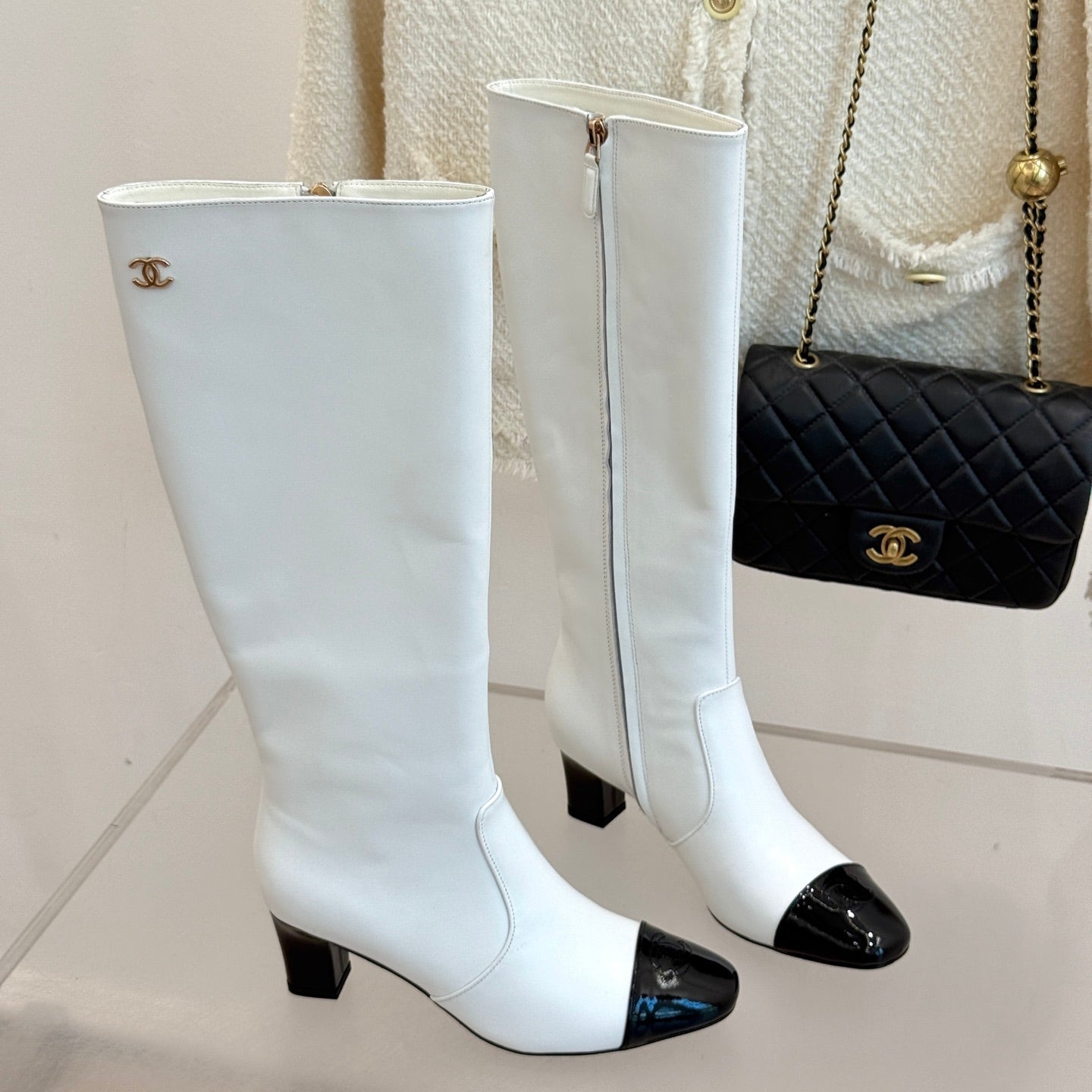 Chanel Double C Colorblock Heel Long Boot Black Sheepskin 465417