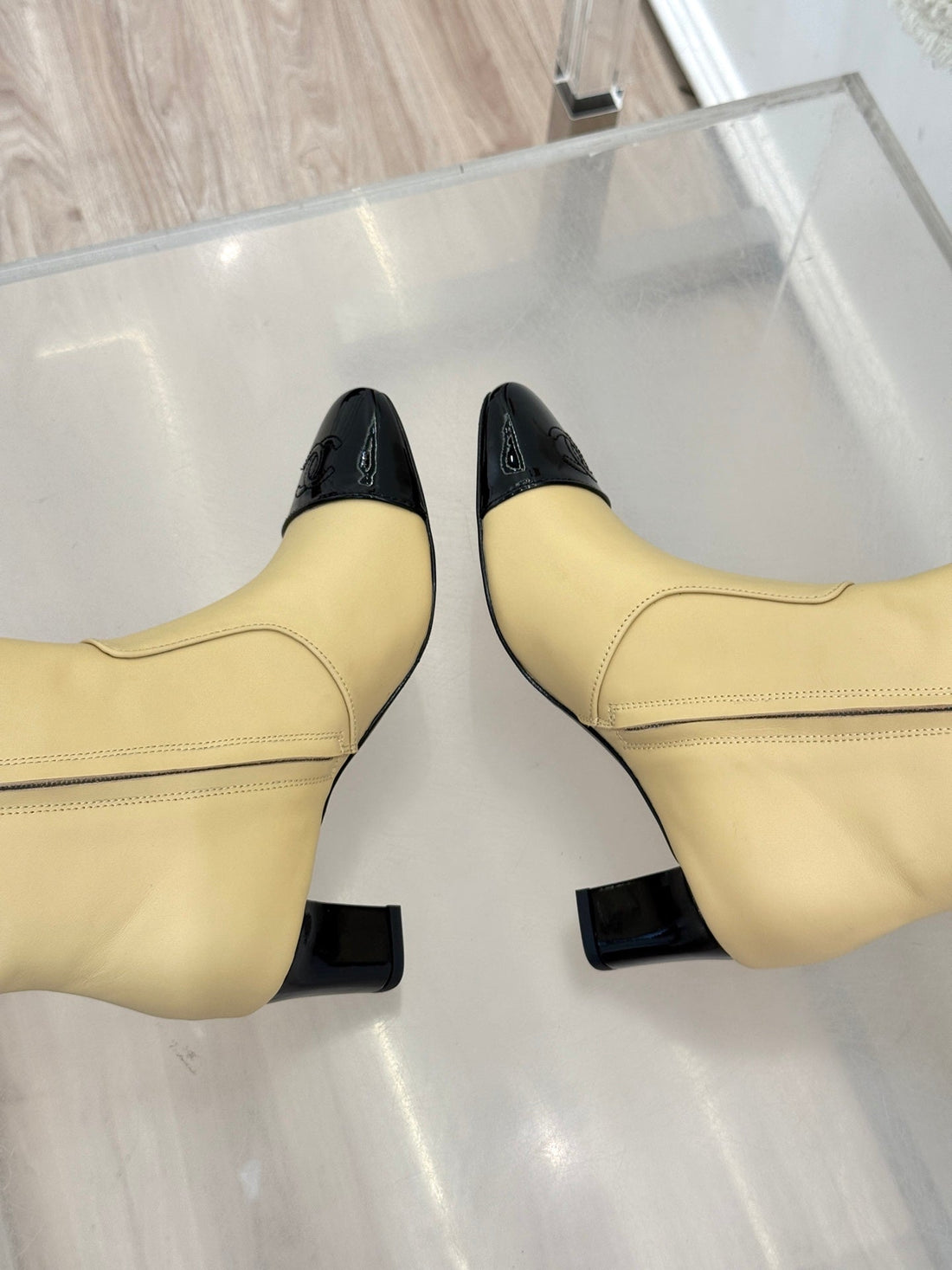 Chanel Double C Colorblock Heel Long Boot Beige Sheepskin 465418