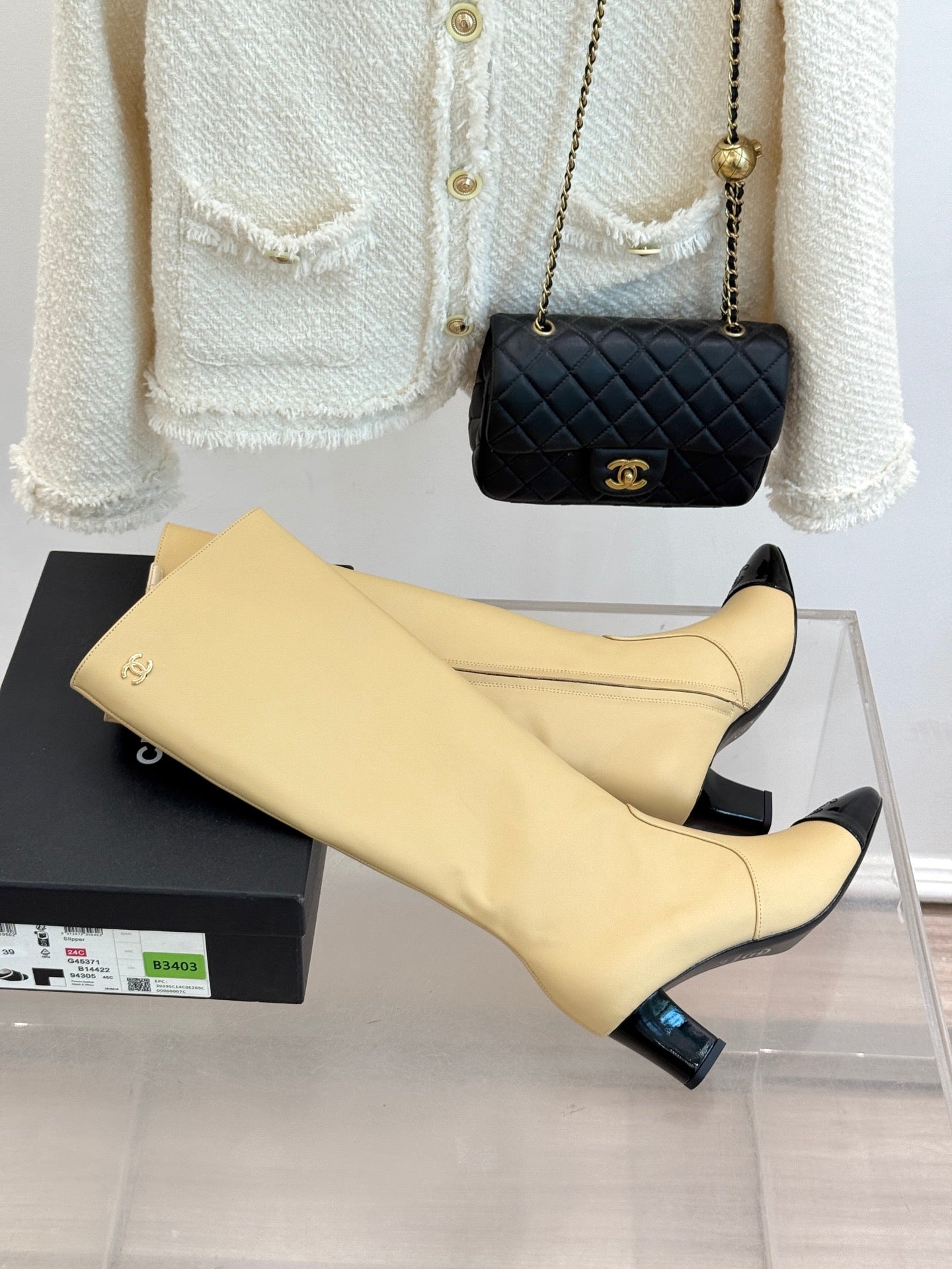 Chanel Double C Colorblock Heel Long Boot Beige Sheepskin 465418