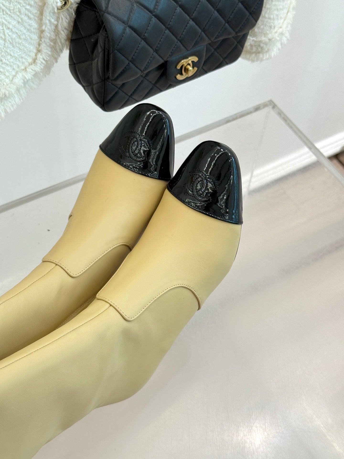 Chanel Double C Colorblock Heel Long Boot Beige Sheepskin 465418