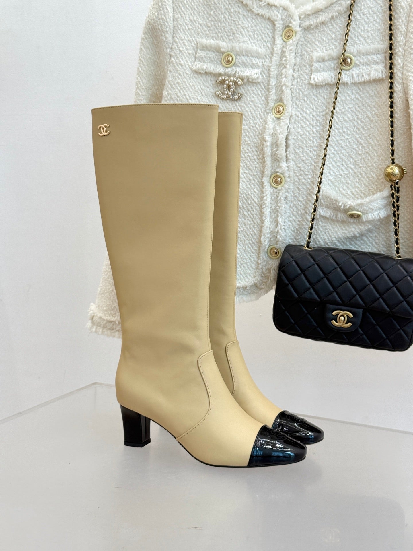 Chanel Double C Colorblock Heel Long Boot Beige Sheepskin 465418