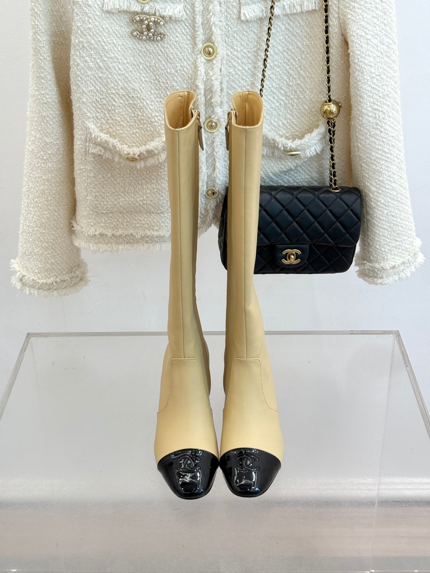 Chanel Double C Colorblock Heel Long Boot Beige Sheepskin 465418