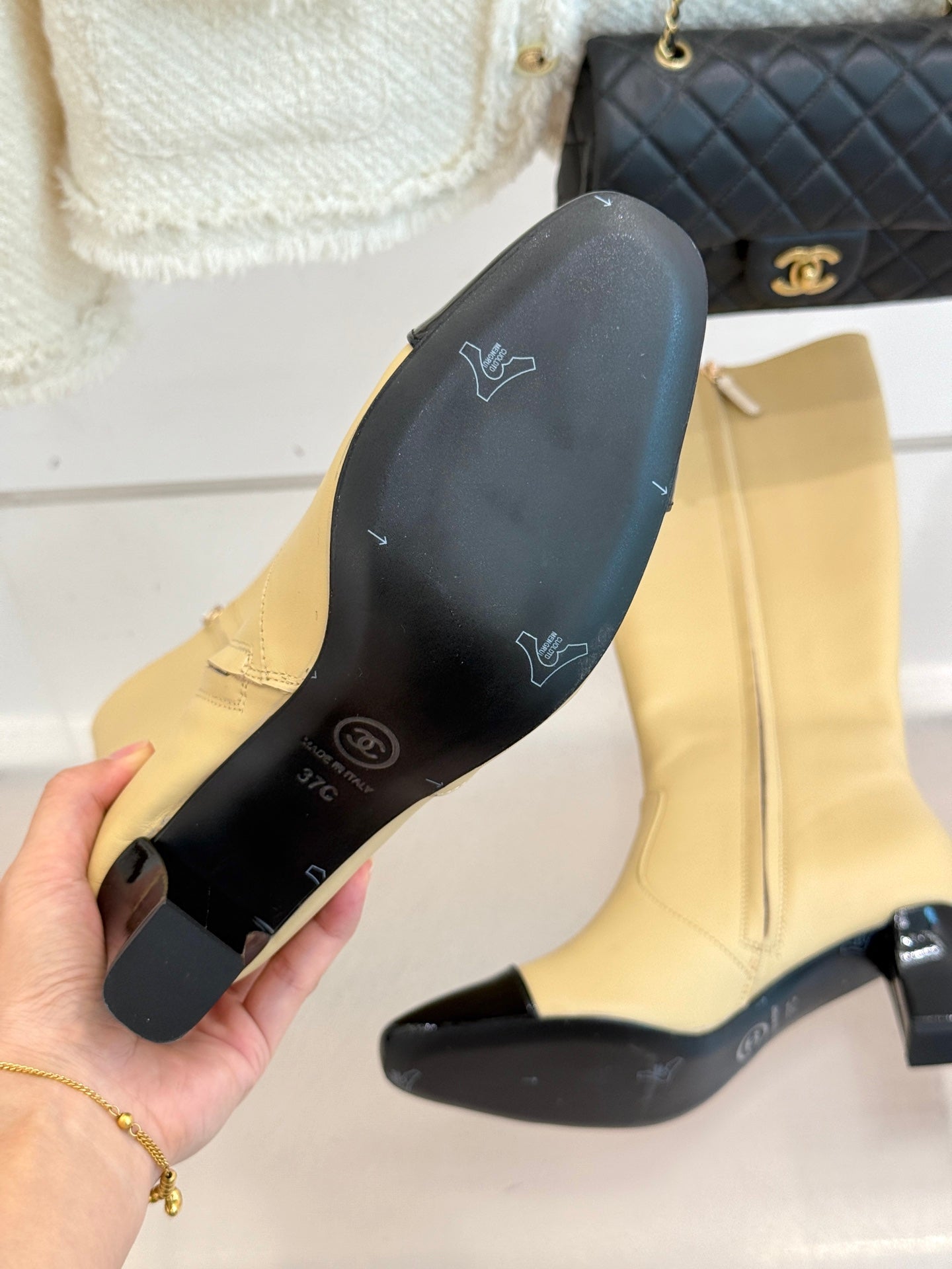 Chanel Double C Colorblock Heel Long Boot Beige Sheepskin 465418