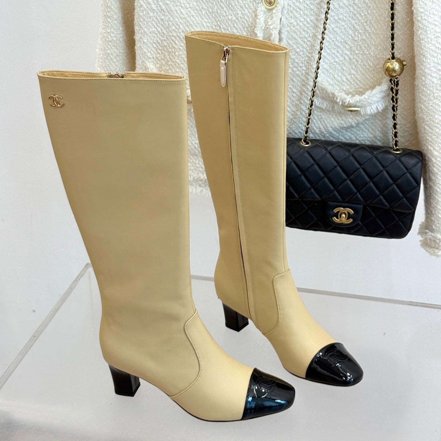 Chanel Double C Colorblock Heel Long Boot Beige Sheepskin 465418