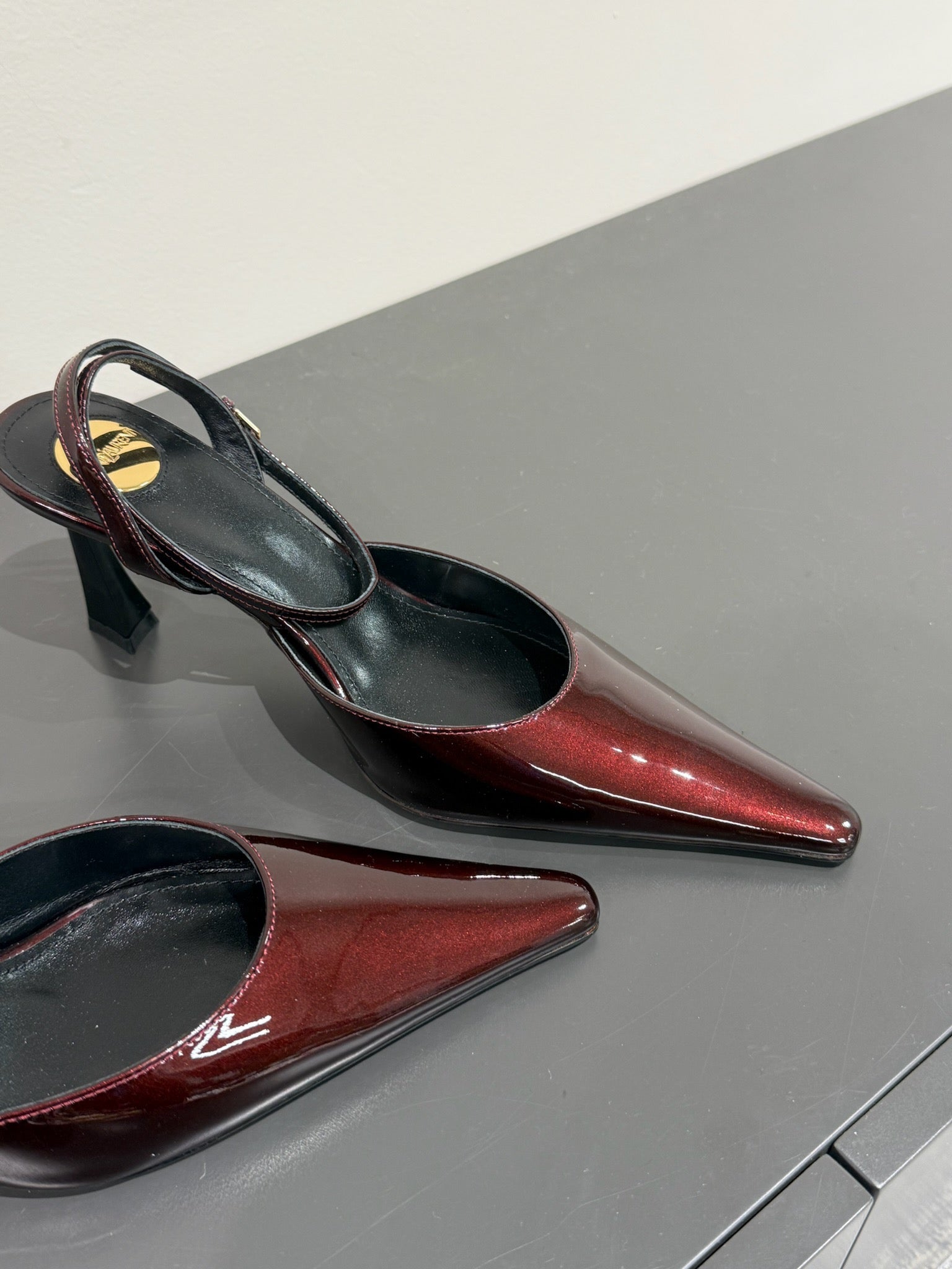 AIMÃ‰E SLINGBACK PUMPS IN WINE RED GLOSSY LAMBSKIN