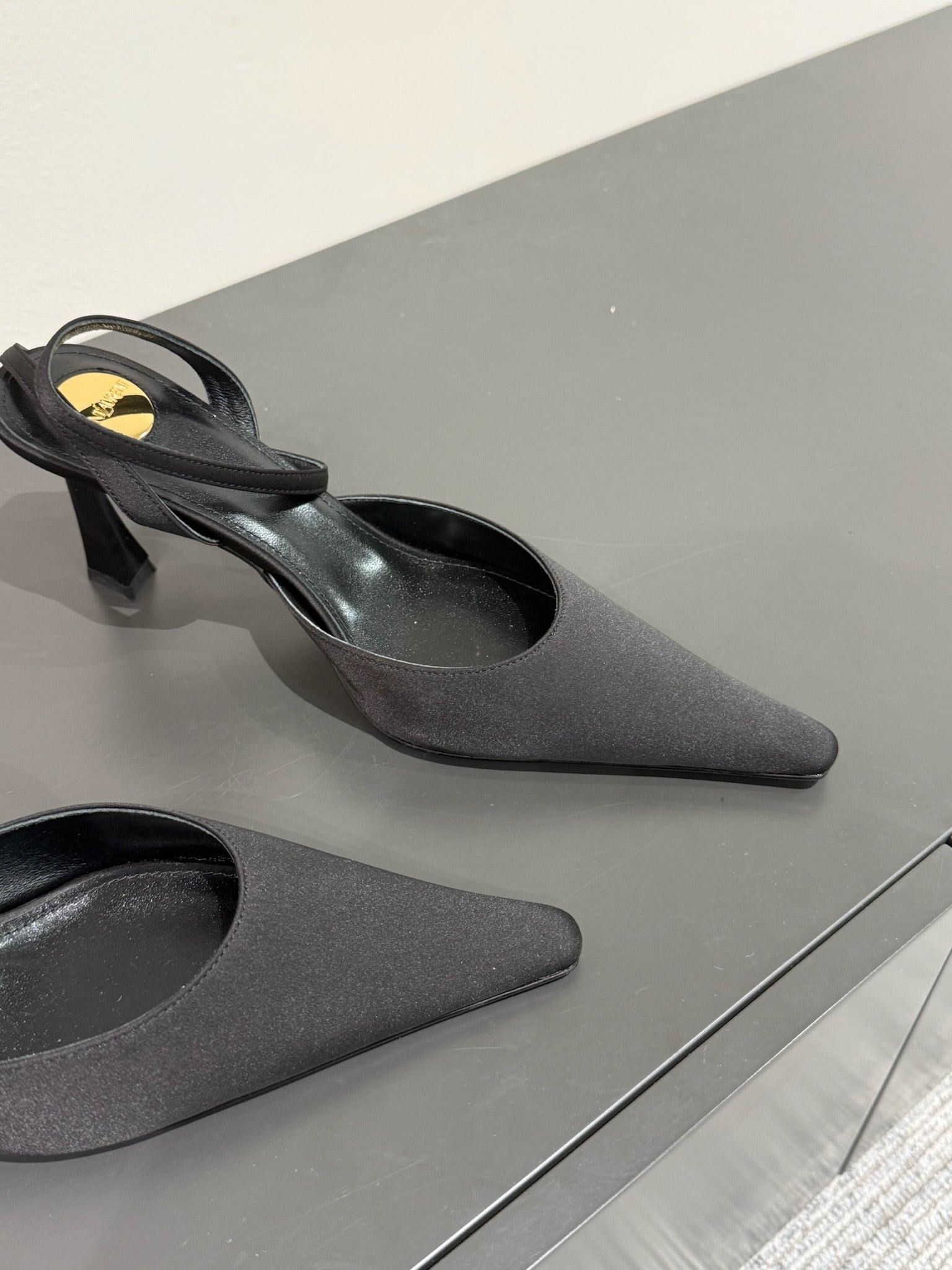 AIMÃ‰E SLINGBACK PUMPS IN BLACK SATIN