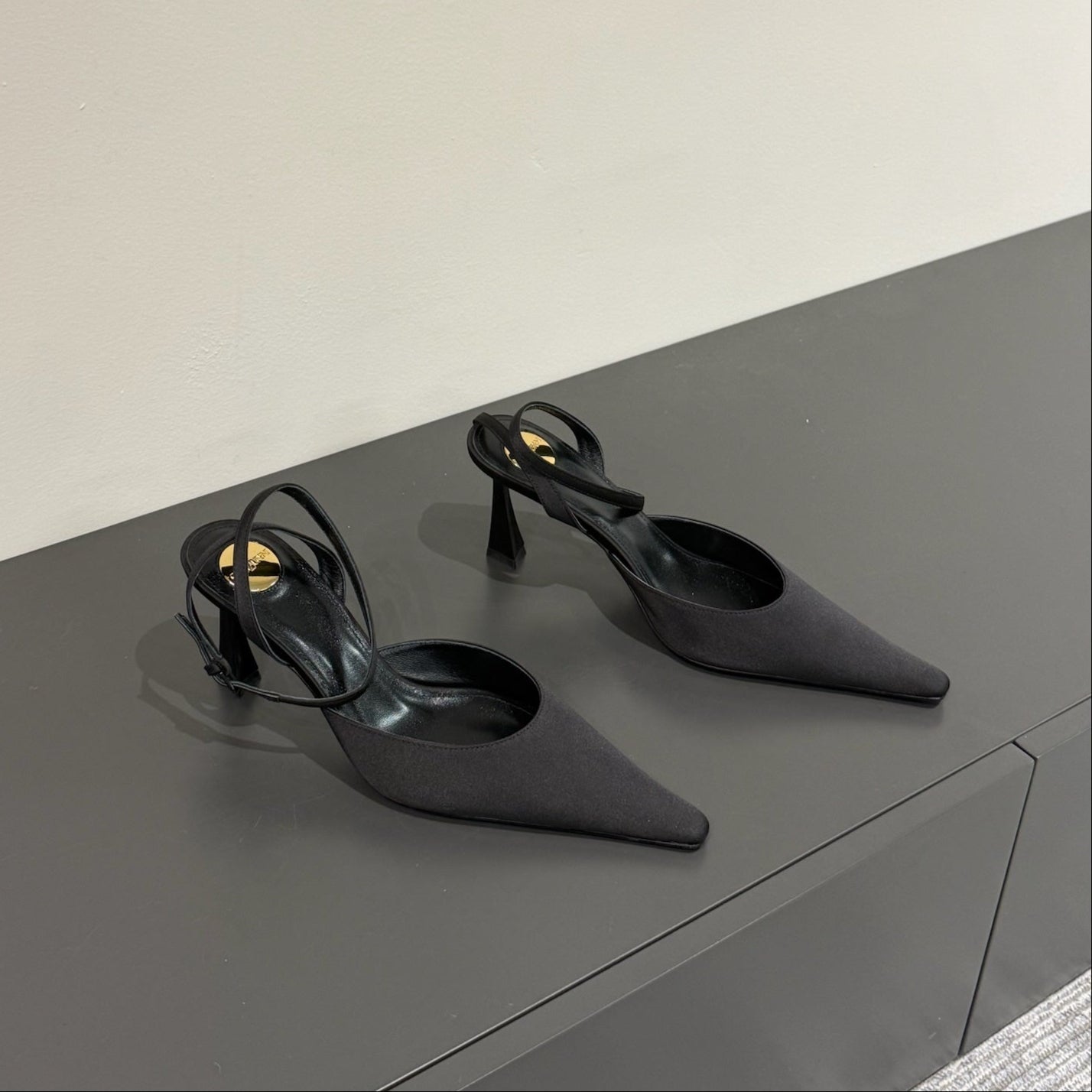 AIMÃ‰E SLINGBACK PUMPS IN BLACK SATIN