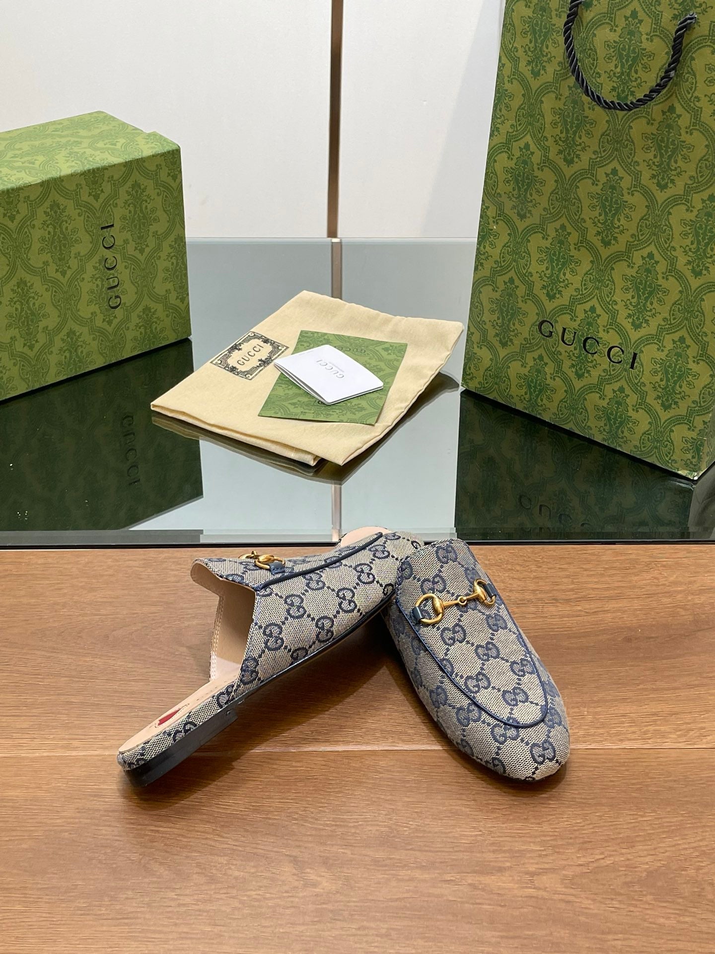 GG PRINCETOWN MULES LIGHT GRAY FABRIC