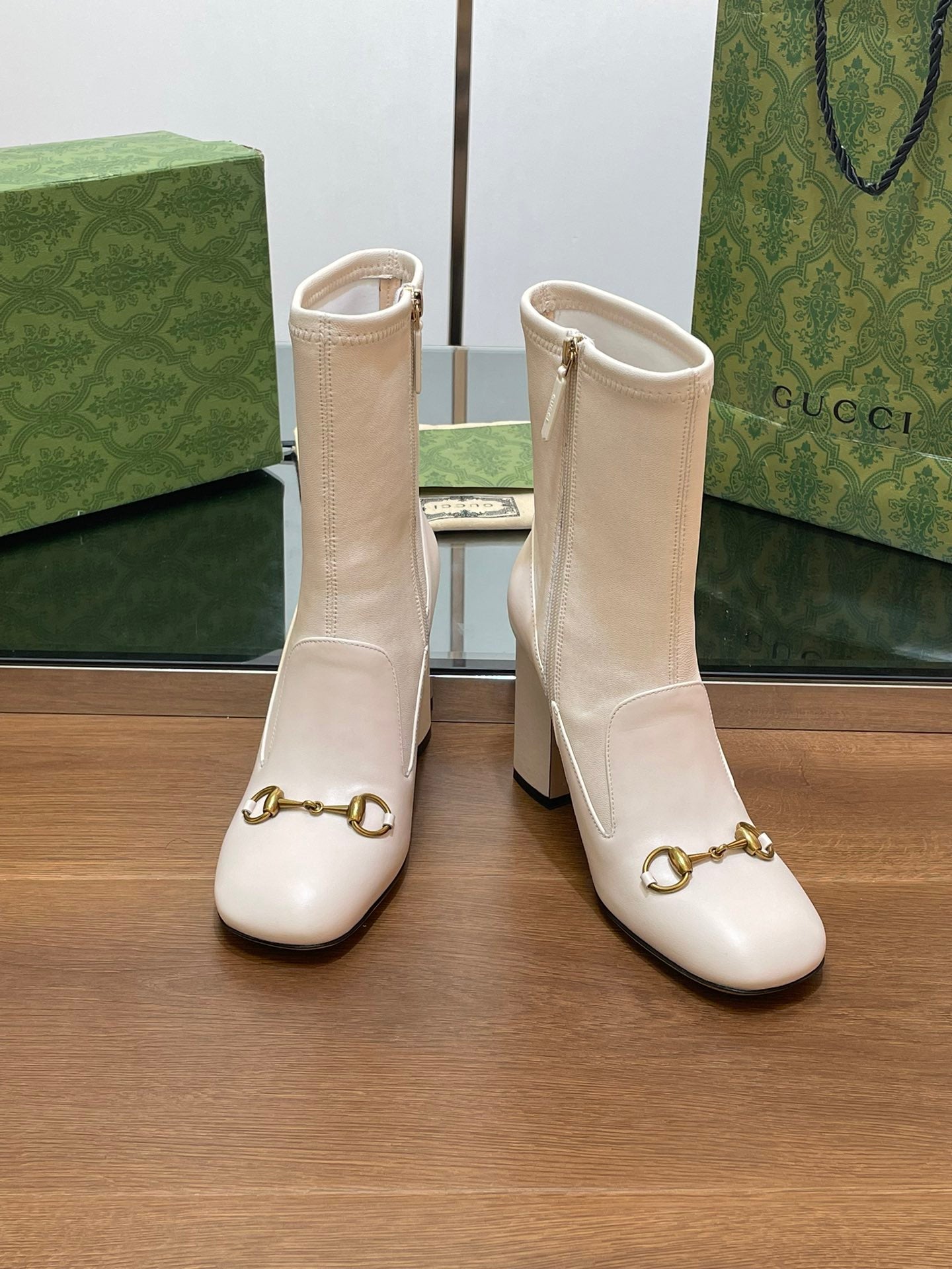 GG Horsebit Ankle Boot 95 Cream Calfskin