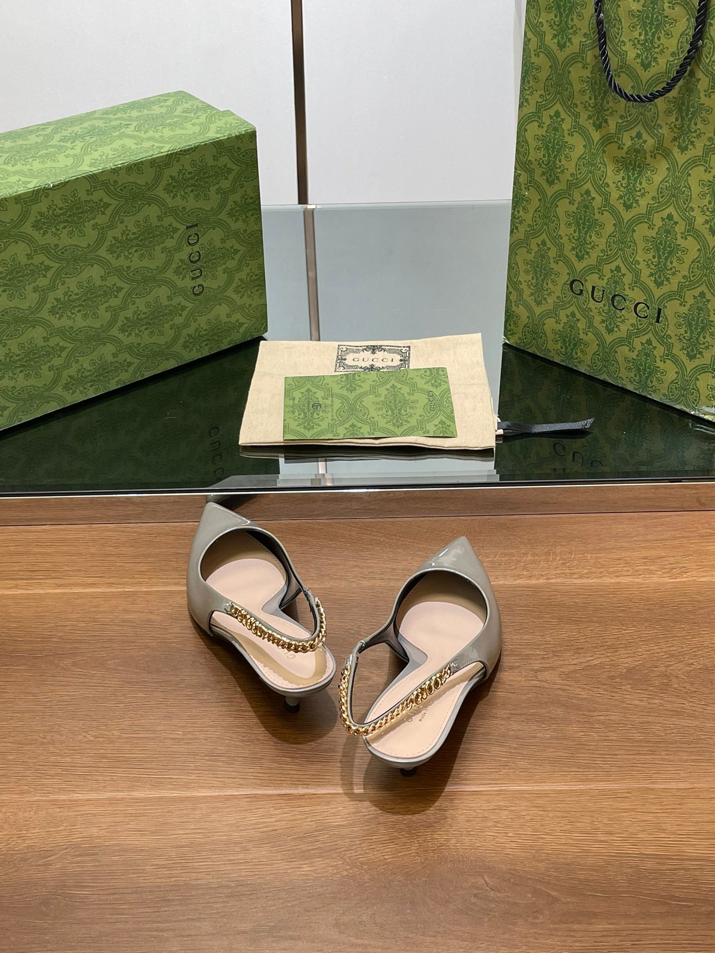 GG HIGH SLINGBACK 4.5 CM IN DOVE GREY GLOSSY CALFSKIN