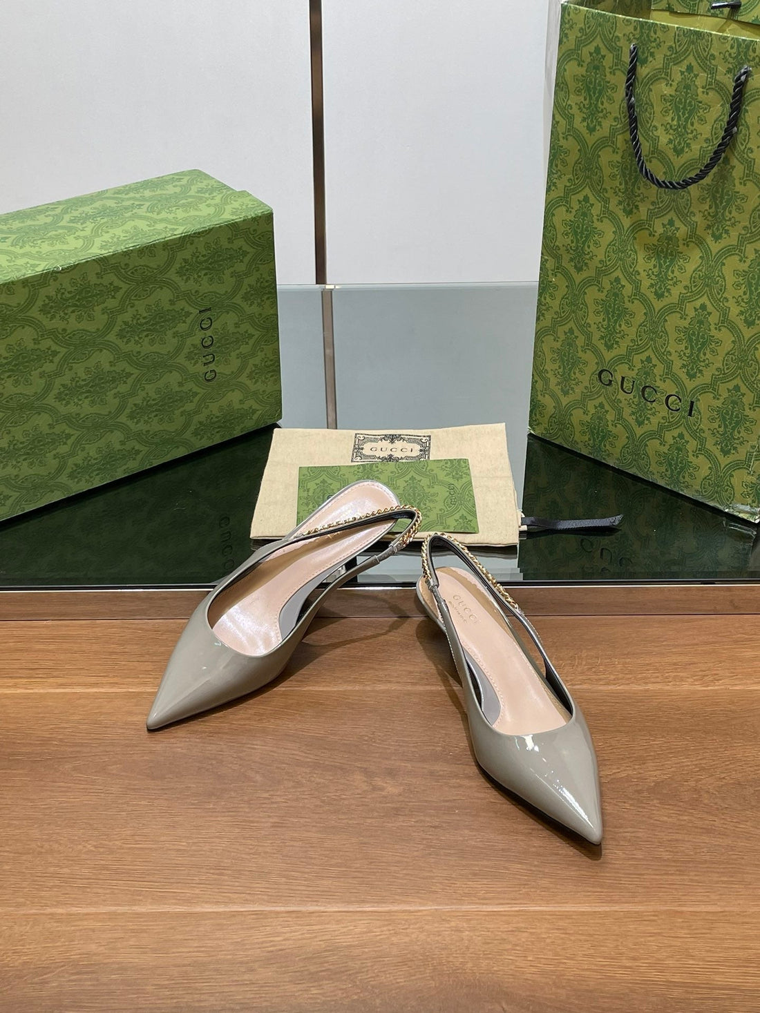 GG HIGH SLINGBACK 4.5 CM IN DOVE GREY GLOSSY CALFSKIN