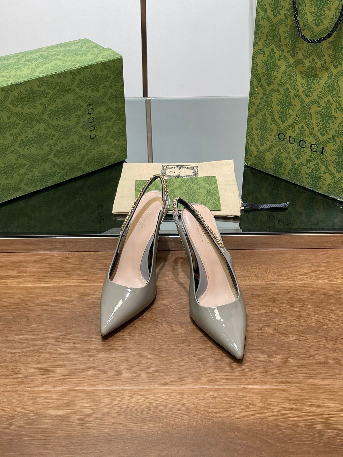 GG HIGH SLINGBACK 10.5 CM IN DOVE GREY GLOSSY CALFSKIN