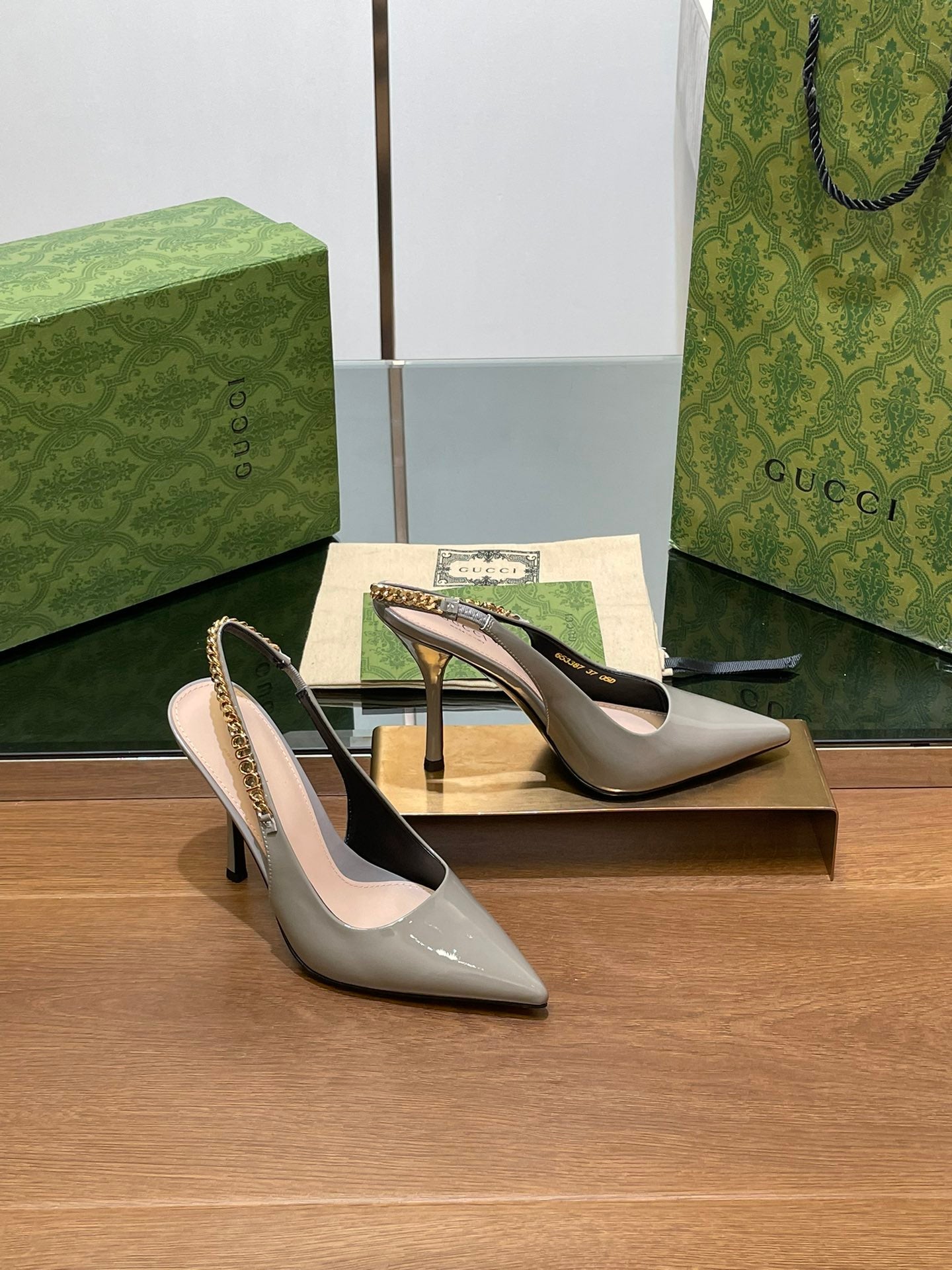 GG HIGH SLINGBACK 10.5 CM IN DOVE GREY GLOSSY CALFSKIN