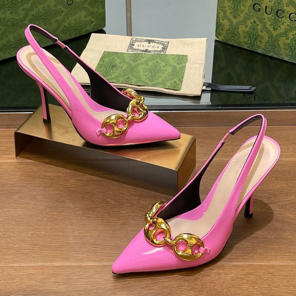 GG HIGH SLINGBACK 10.5 CM IN FUSICA PINK GLOSSY CALFSKIN