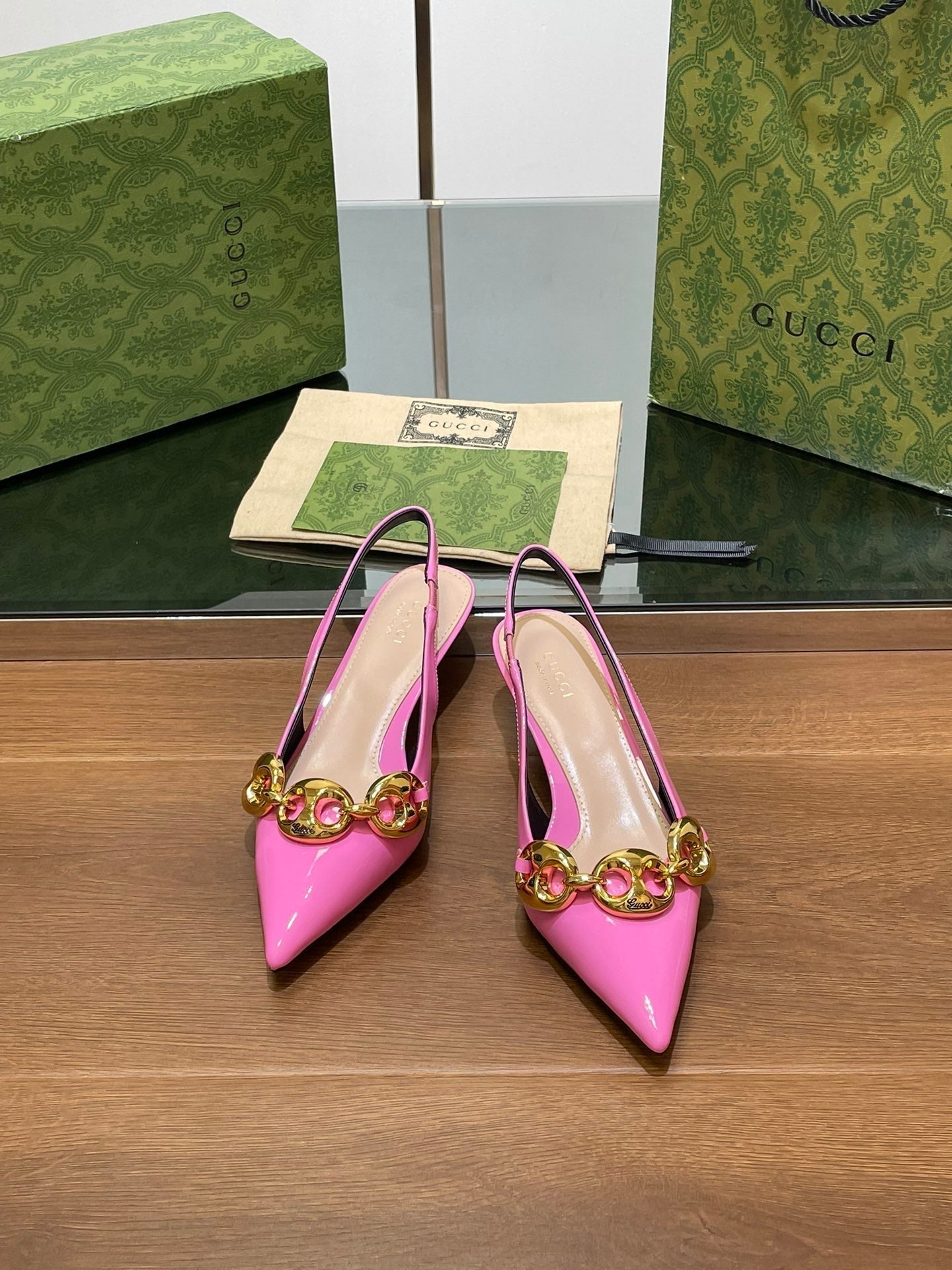 GG MID-HEELED SLINGBACK 4.5 CM IN FUSICA PINK GLOSSY CALFSKIN