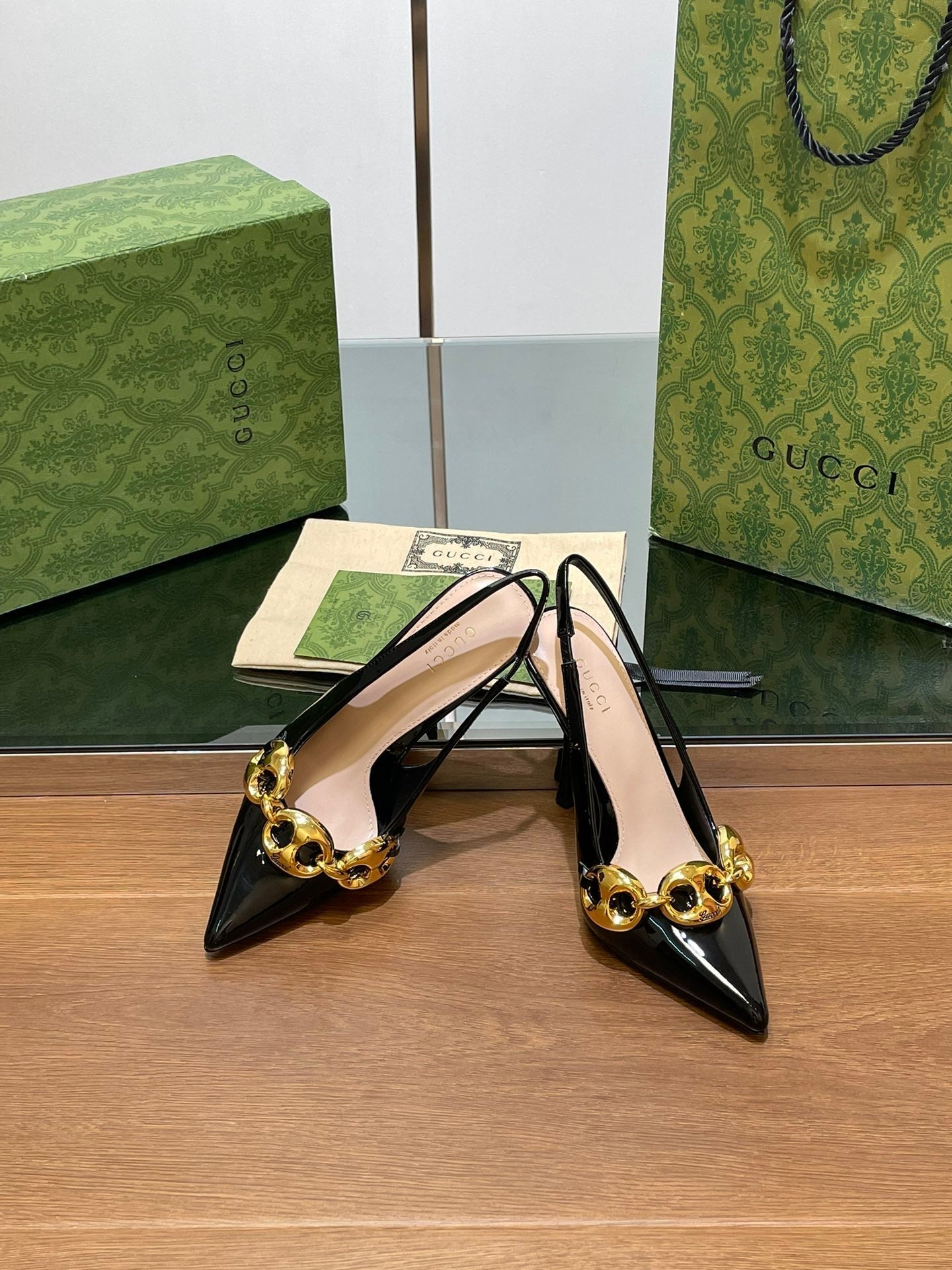 GG HIGH SLINGBACK 10.5 CM IN BLACK GLOSSY CALFSKIN